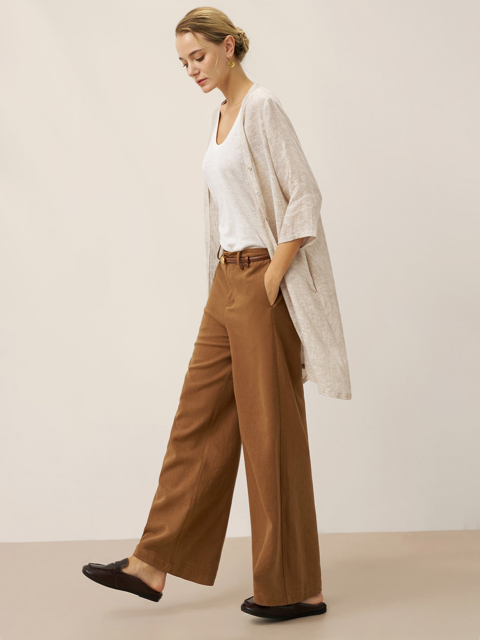 100% Linen Button Front Three-Quarter Sleeve Top