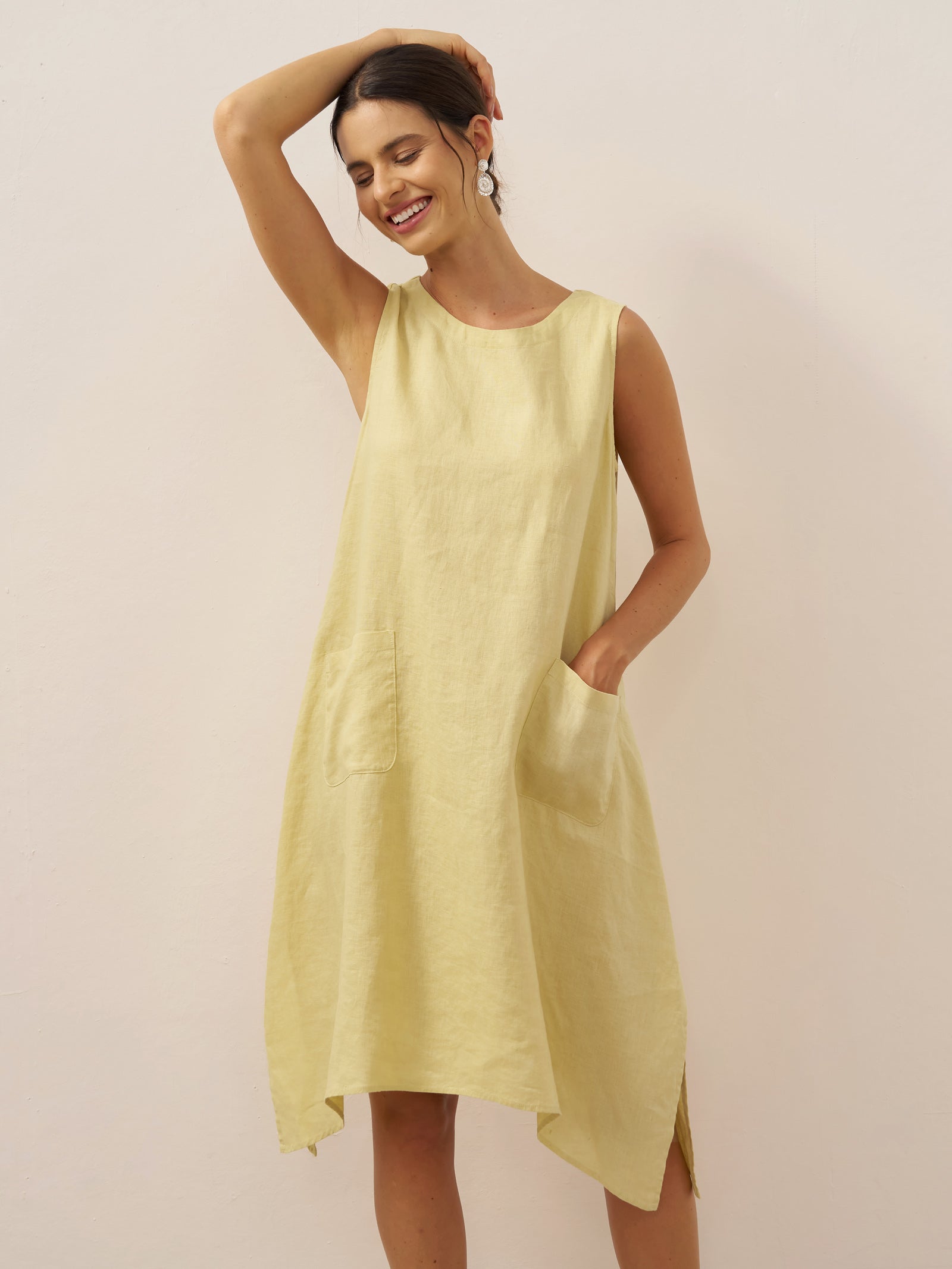 100% Linen Sleeveless Pocket A-Line Mini Dress LUZ