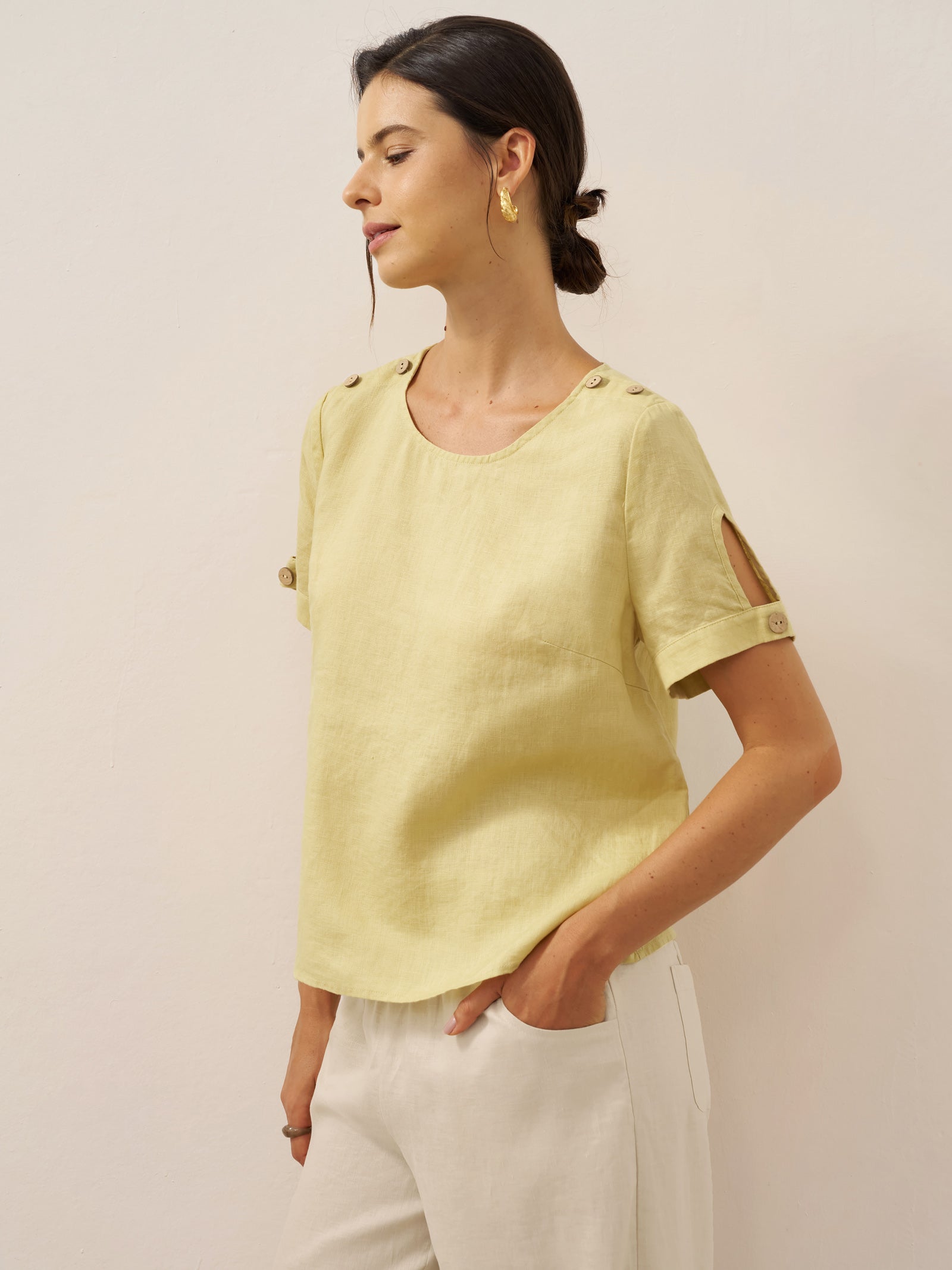 100% Linen Eyelet Short Sleeve Pullover Top ADA