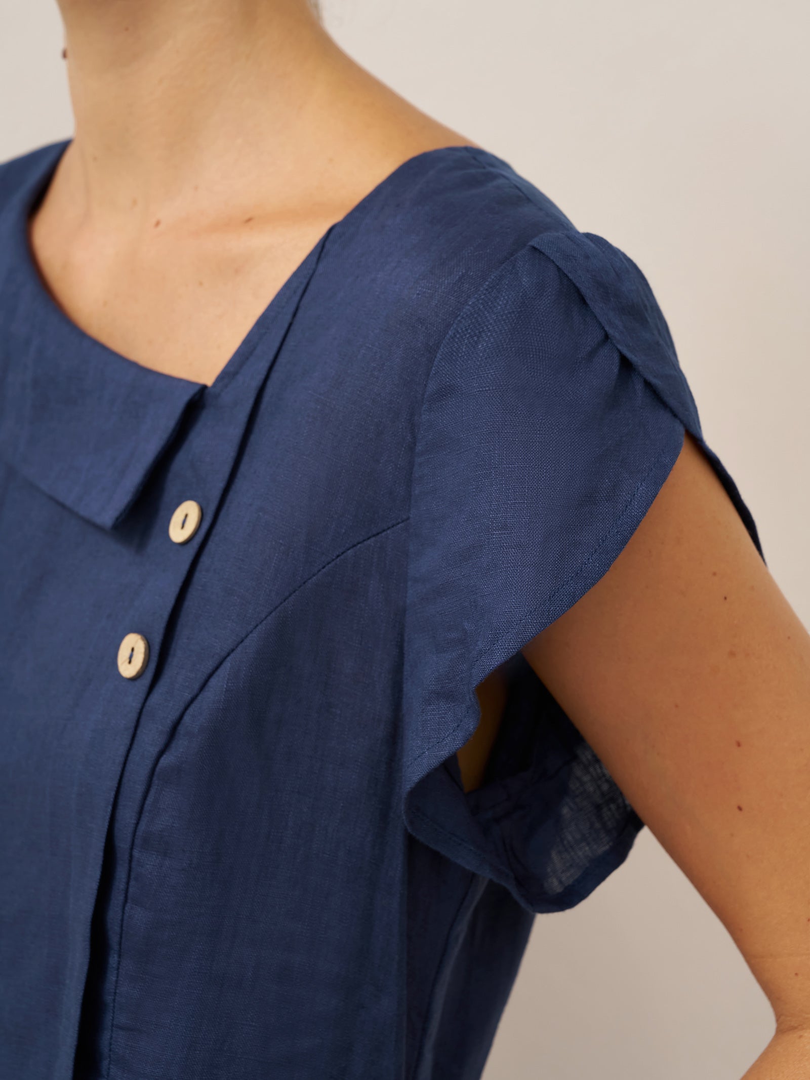 100% Linen Crescent Collar Flutter Sleeve Midi Dress FIONA