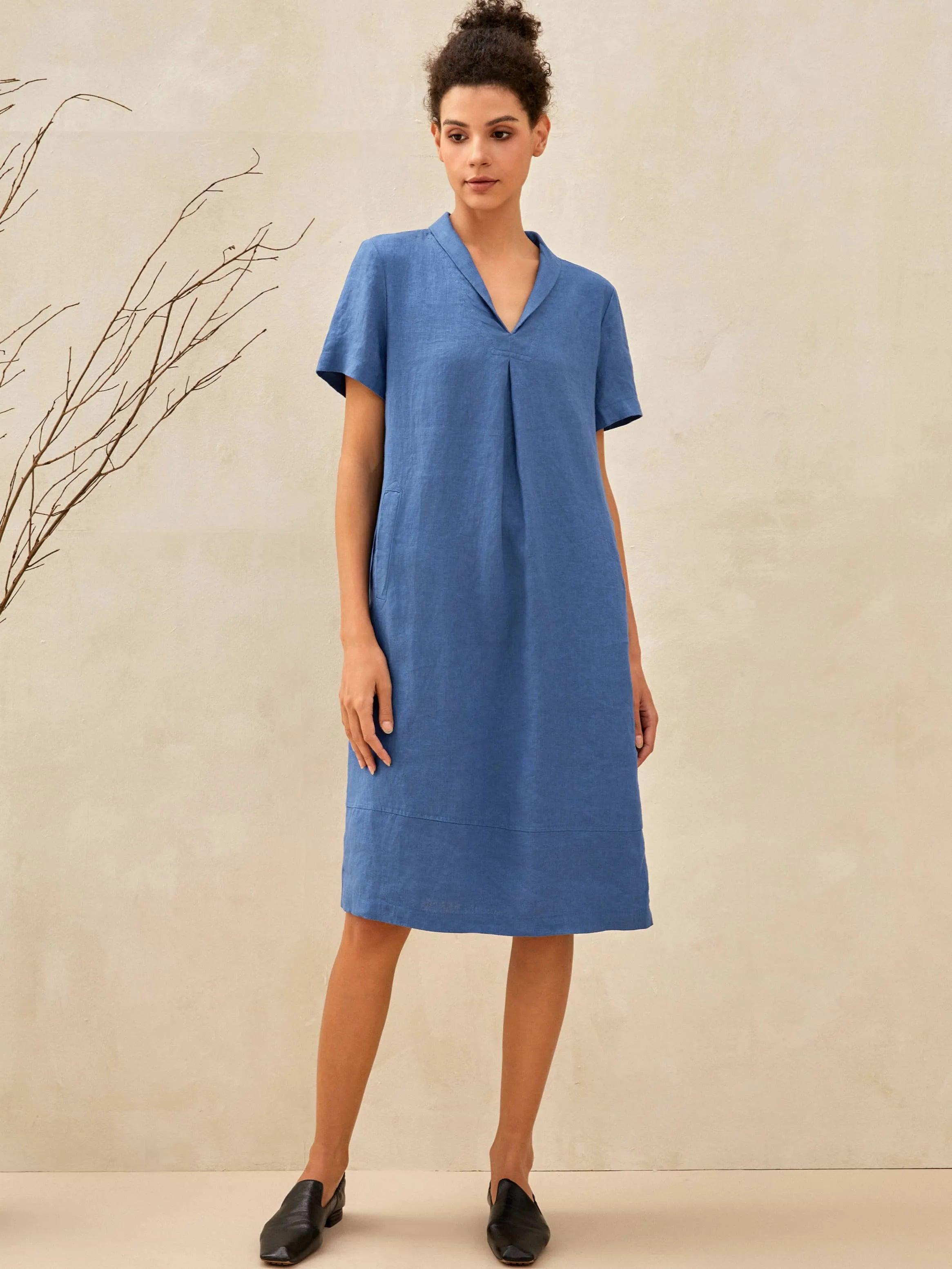100% Linen Shawl V-Neck Midi Dress CLEO