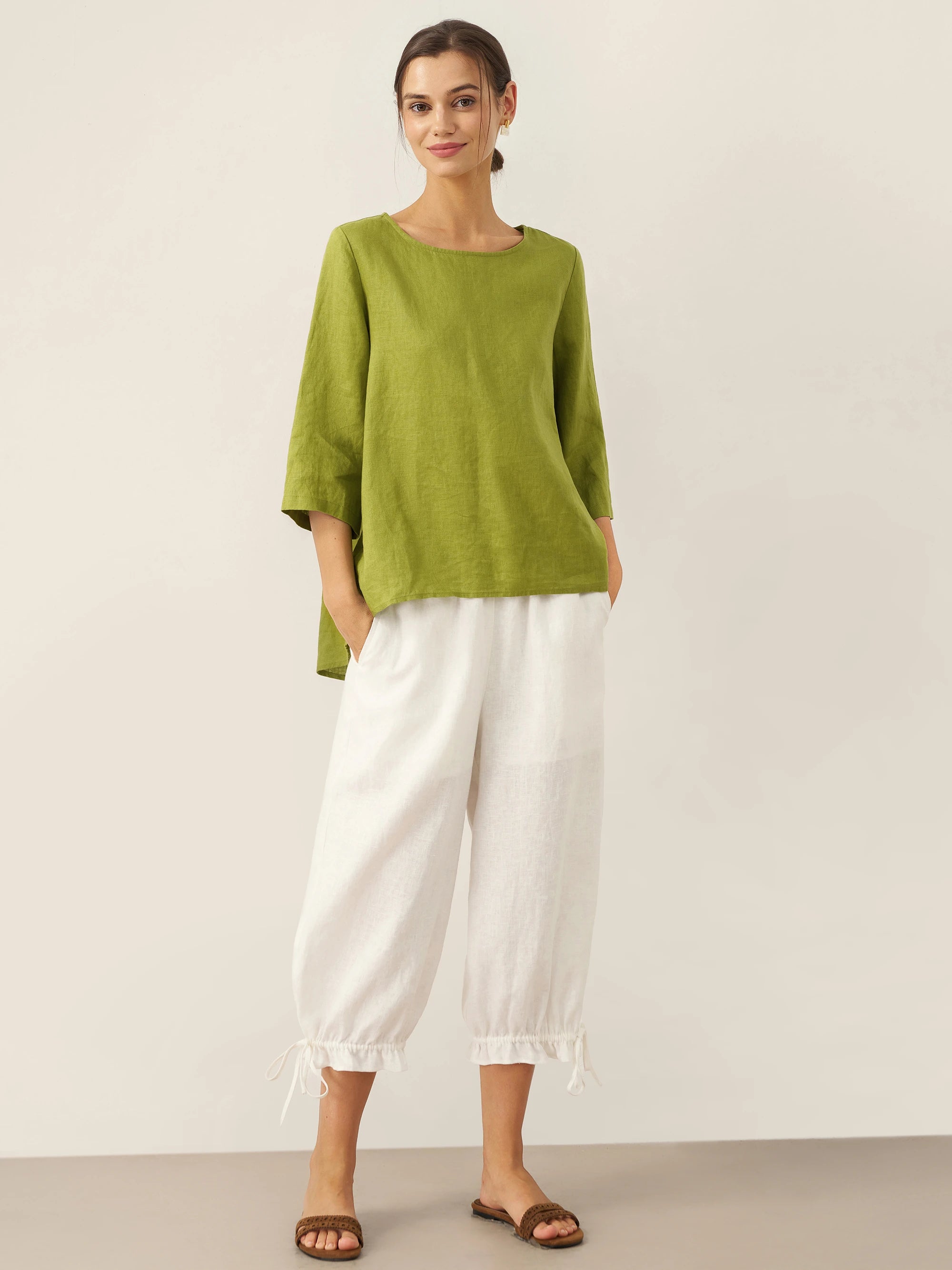 100% Linen Round Neck Asymmetrical Hem Top BRIANNA