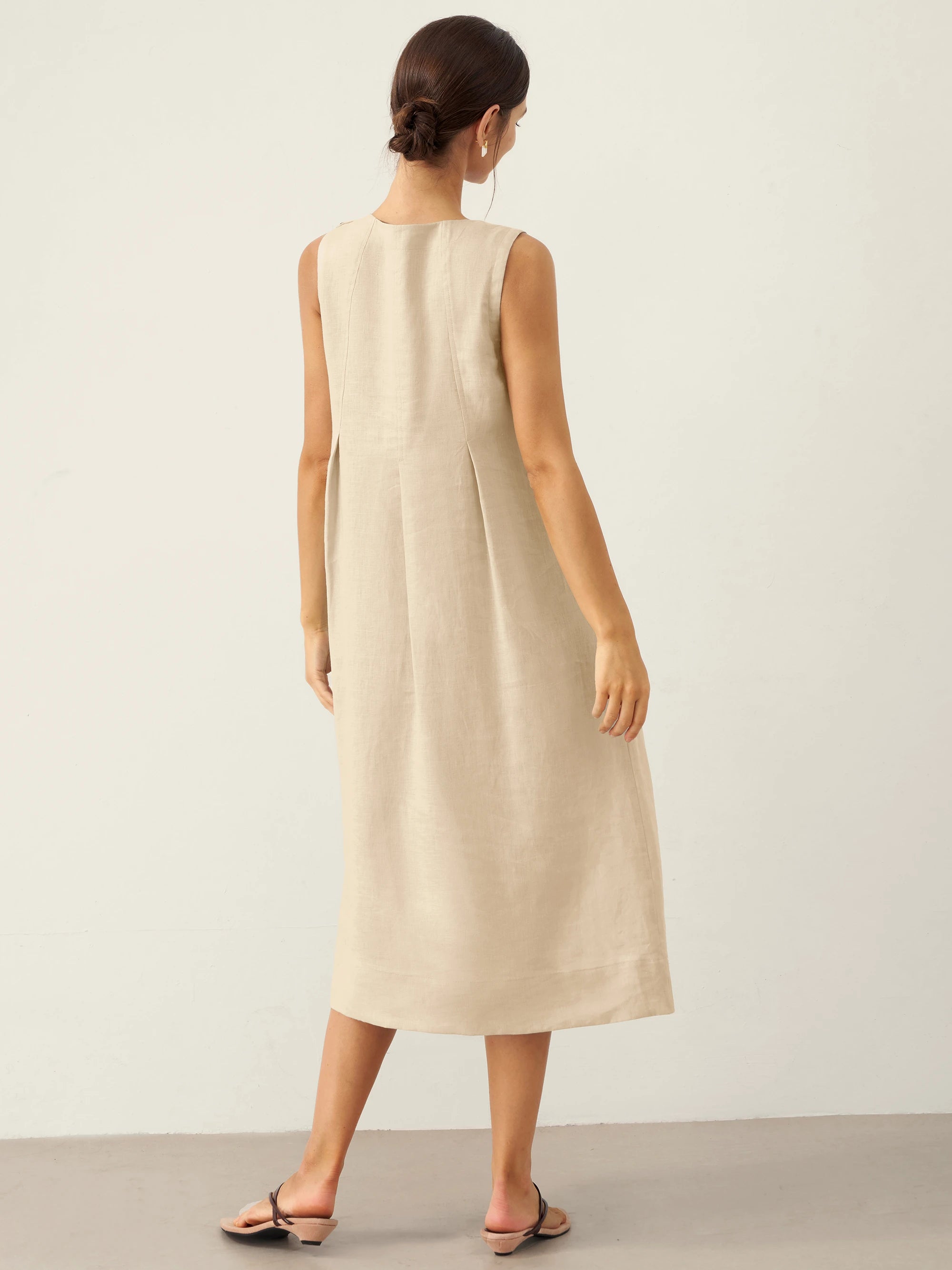 100% Linen Sleeveless Shoulder Button Midi Dress FREYA