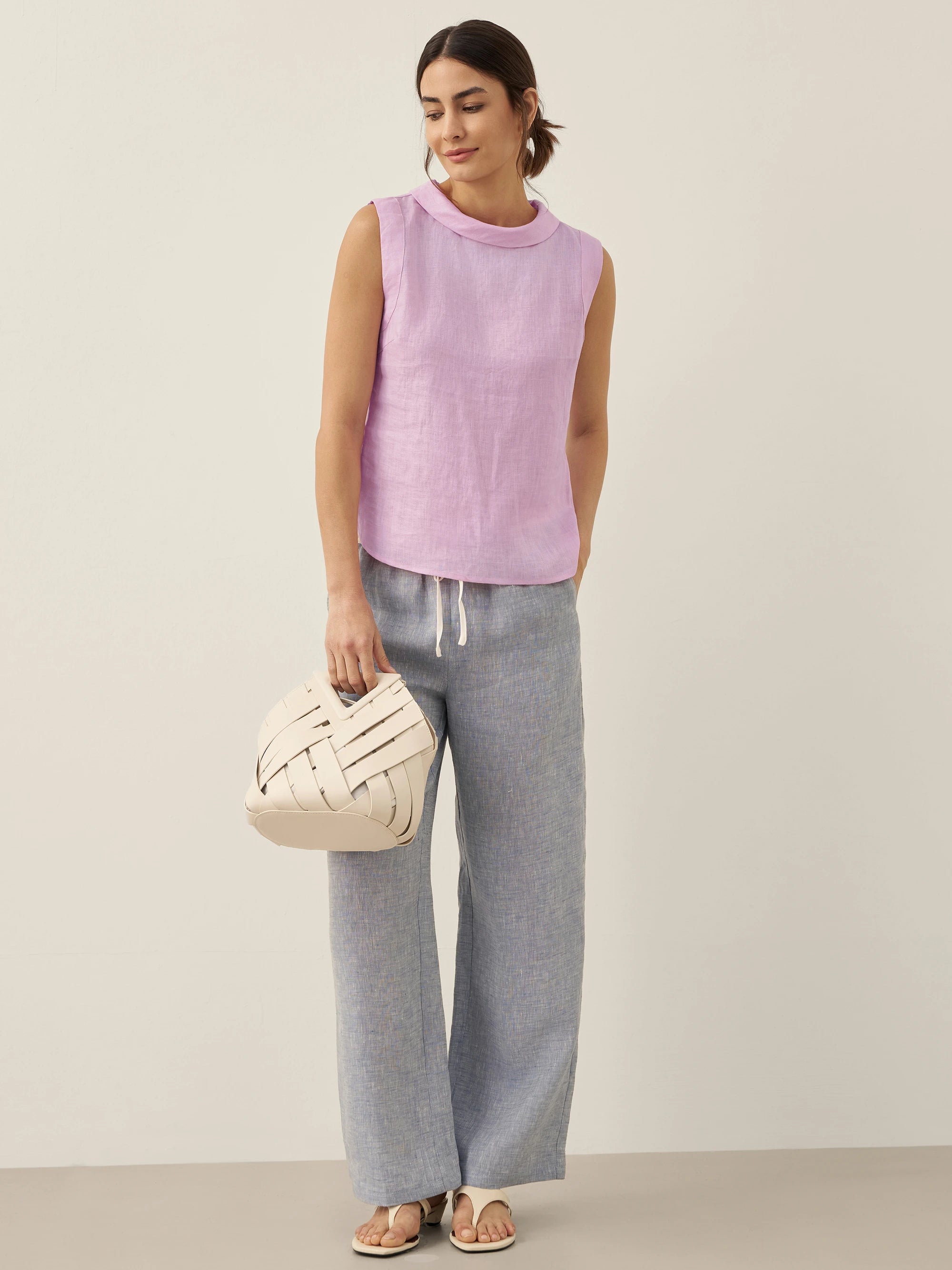 100% Linen Draped Collar Tank Top JACQUELINE