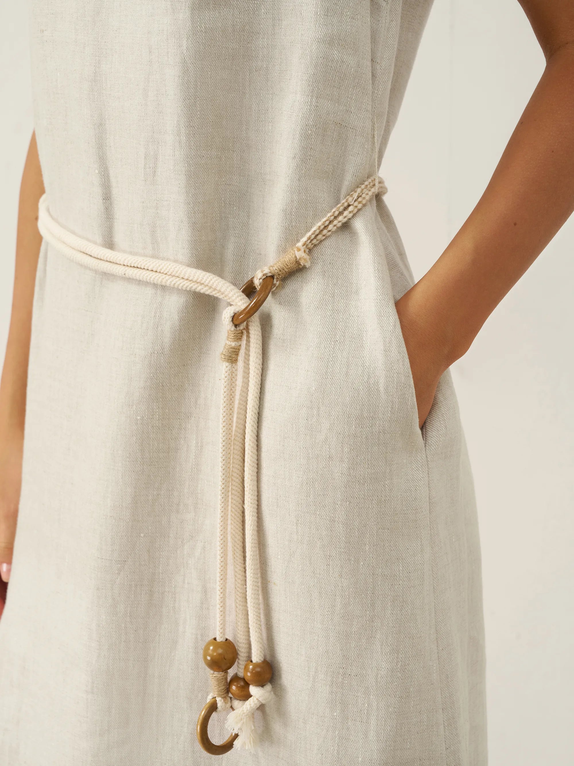 100% Linen Beaded Crew Neck Maxi Dress with Belt BELLA