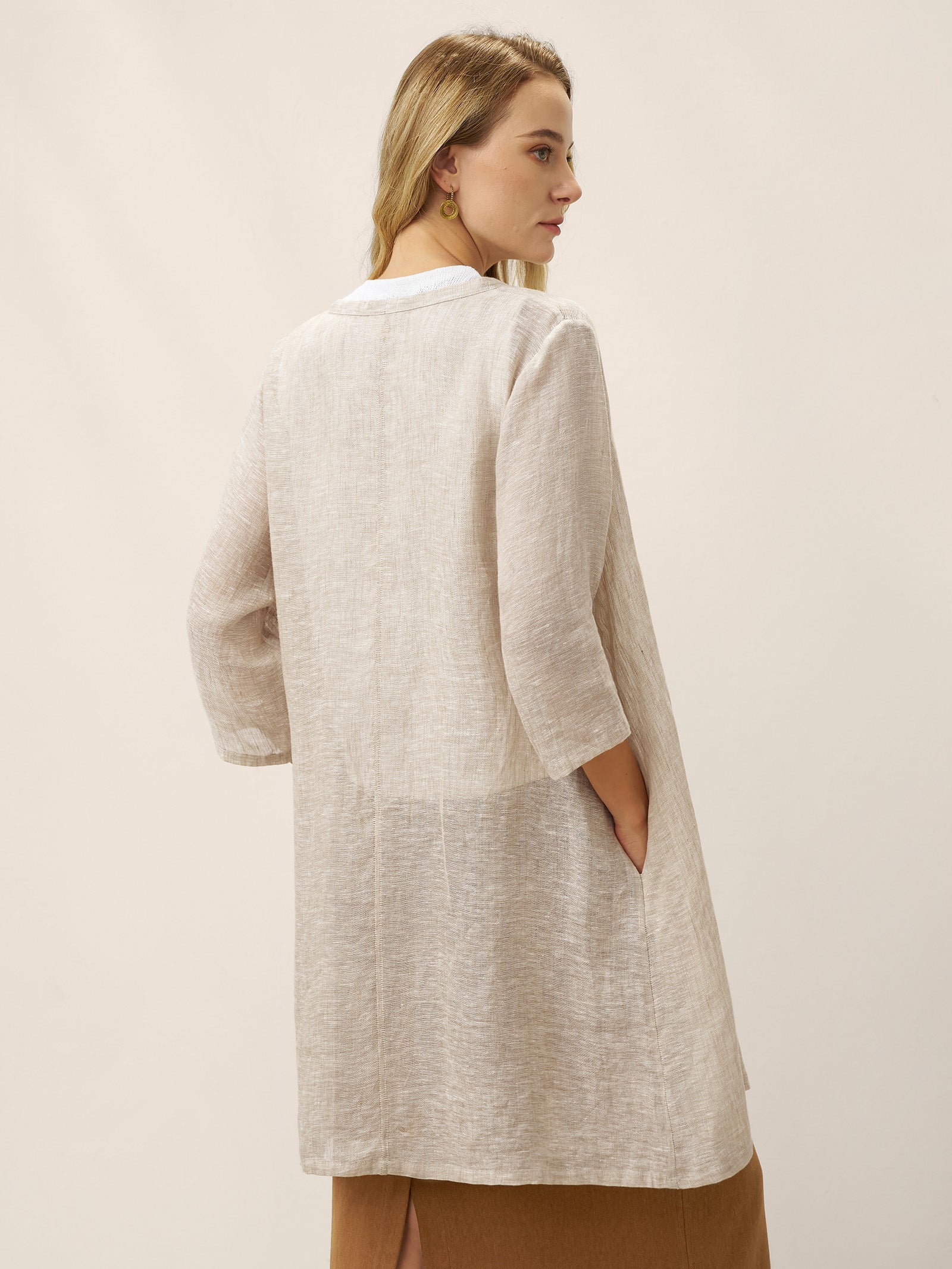 100% Linen Button Front Three-Quarter Sleeve Top