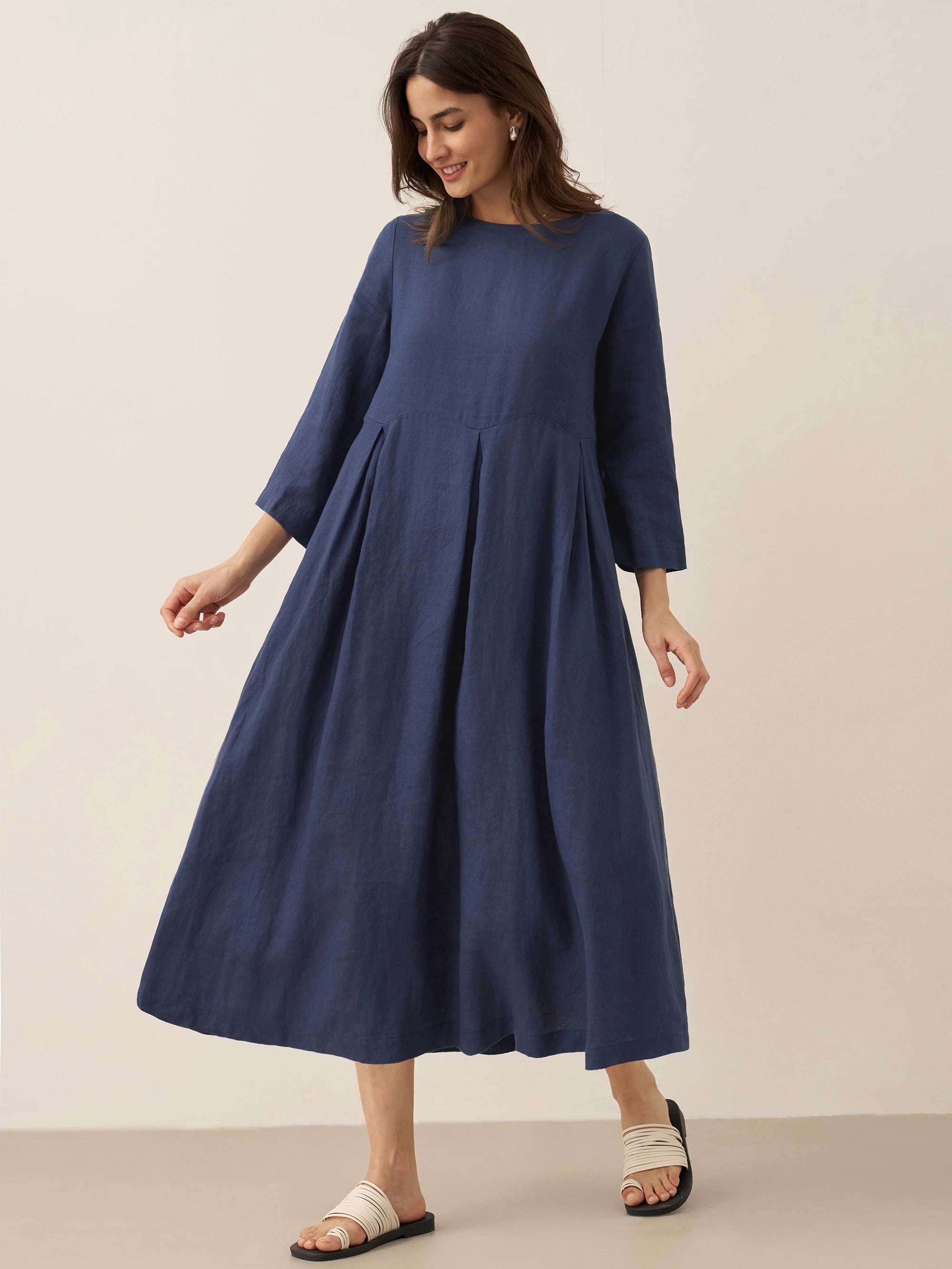 100% Linen Bateau Neck Pleated Maxi Dress