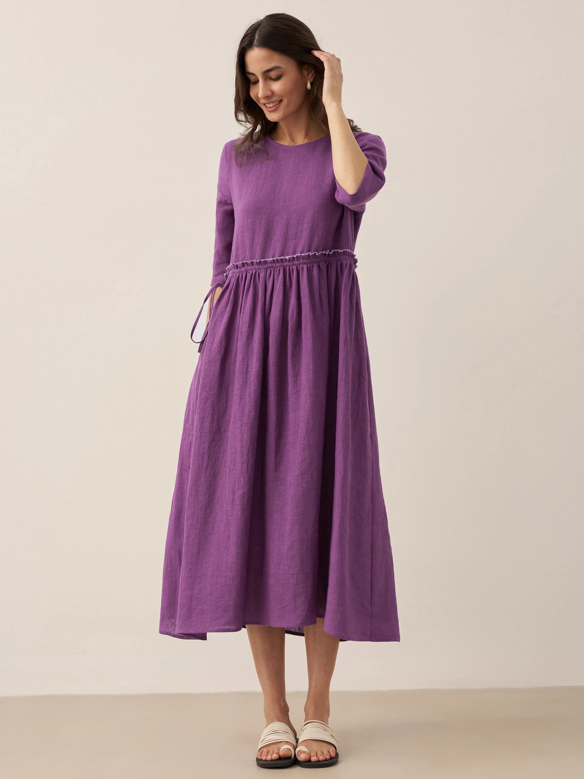 100% Linen Petal-Waist Drawstring Midi Dress JASMINE