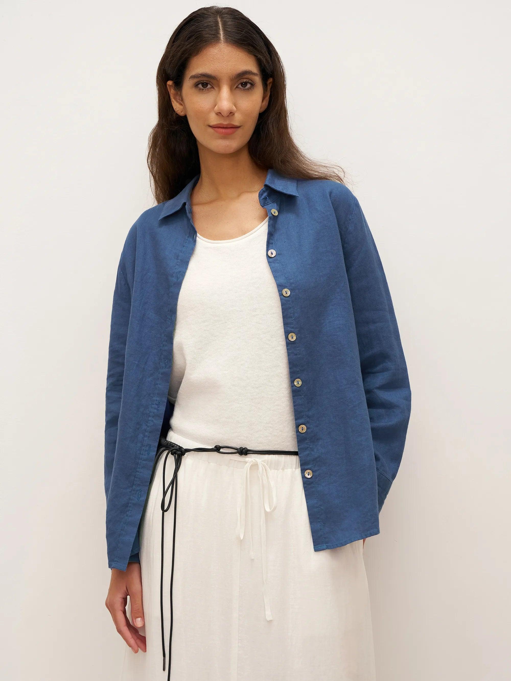 100% Linen Button-Front Shirt with Extended Hem JOVAN