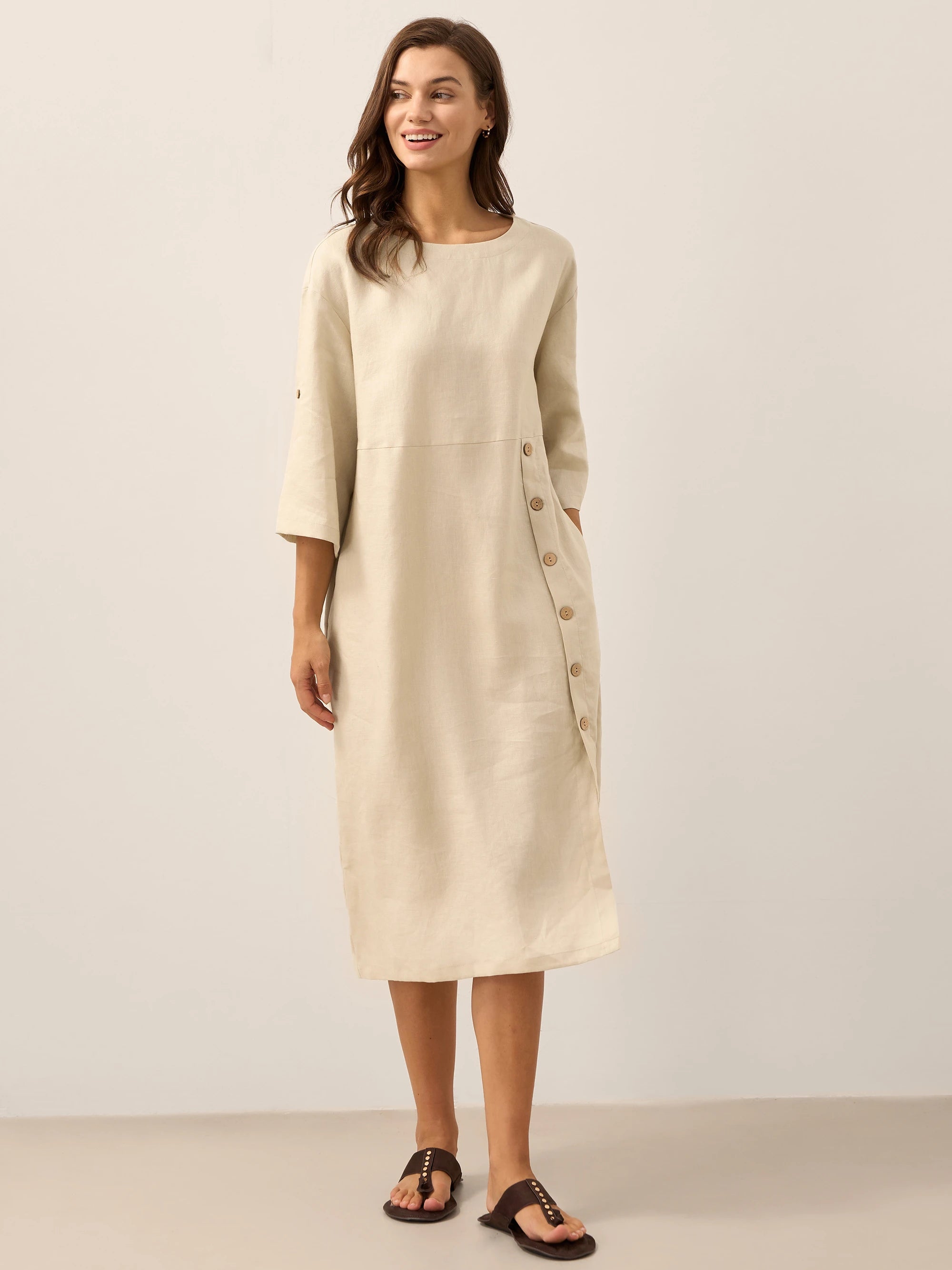 100% Linen Round Neck Button Detail Midi Dress JELENA