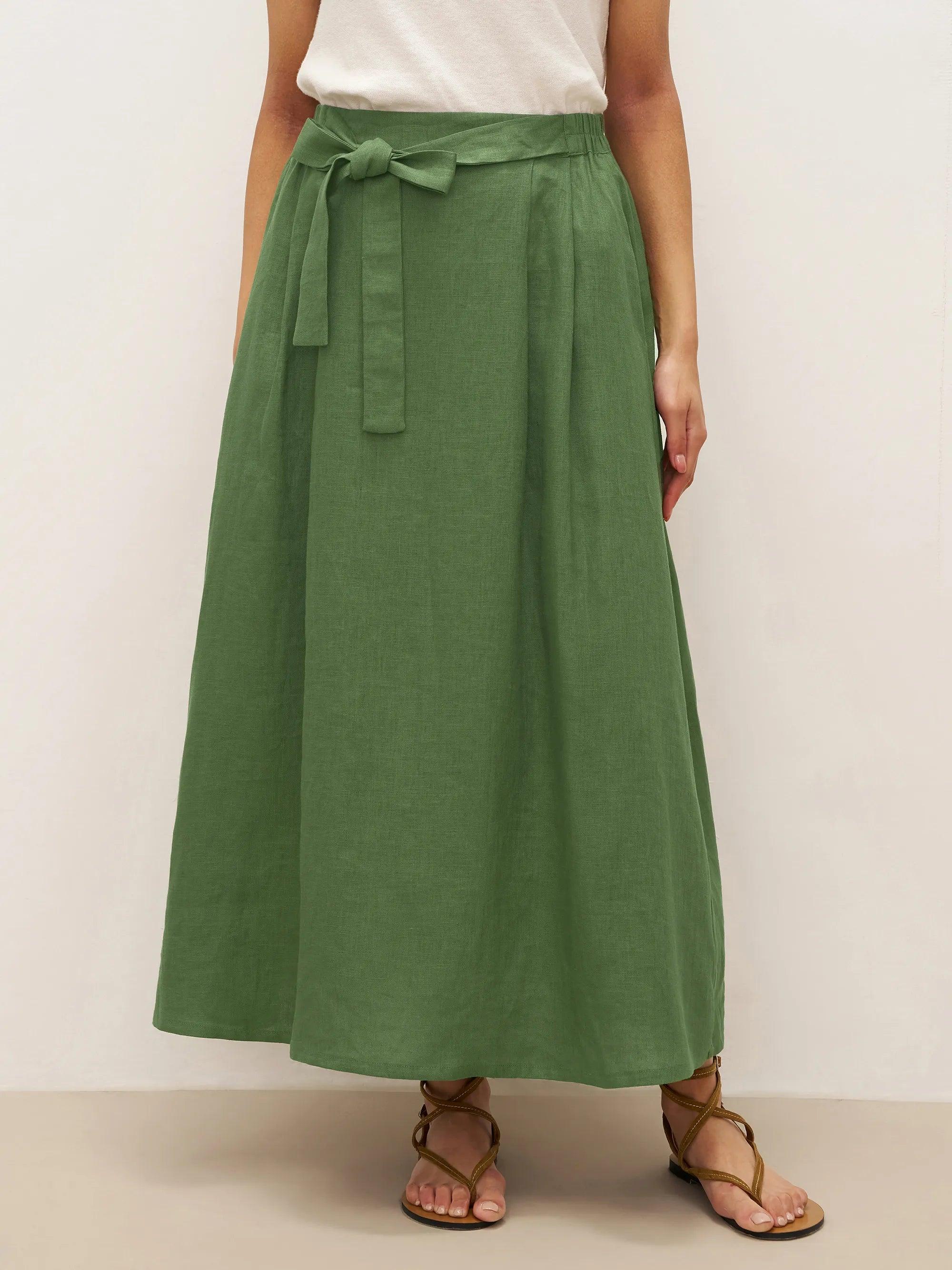 100% Linen A-Line Waist-Tied Skirt LENA