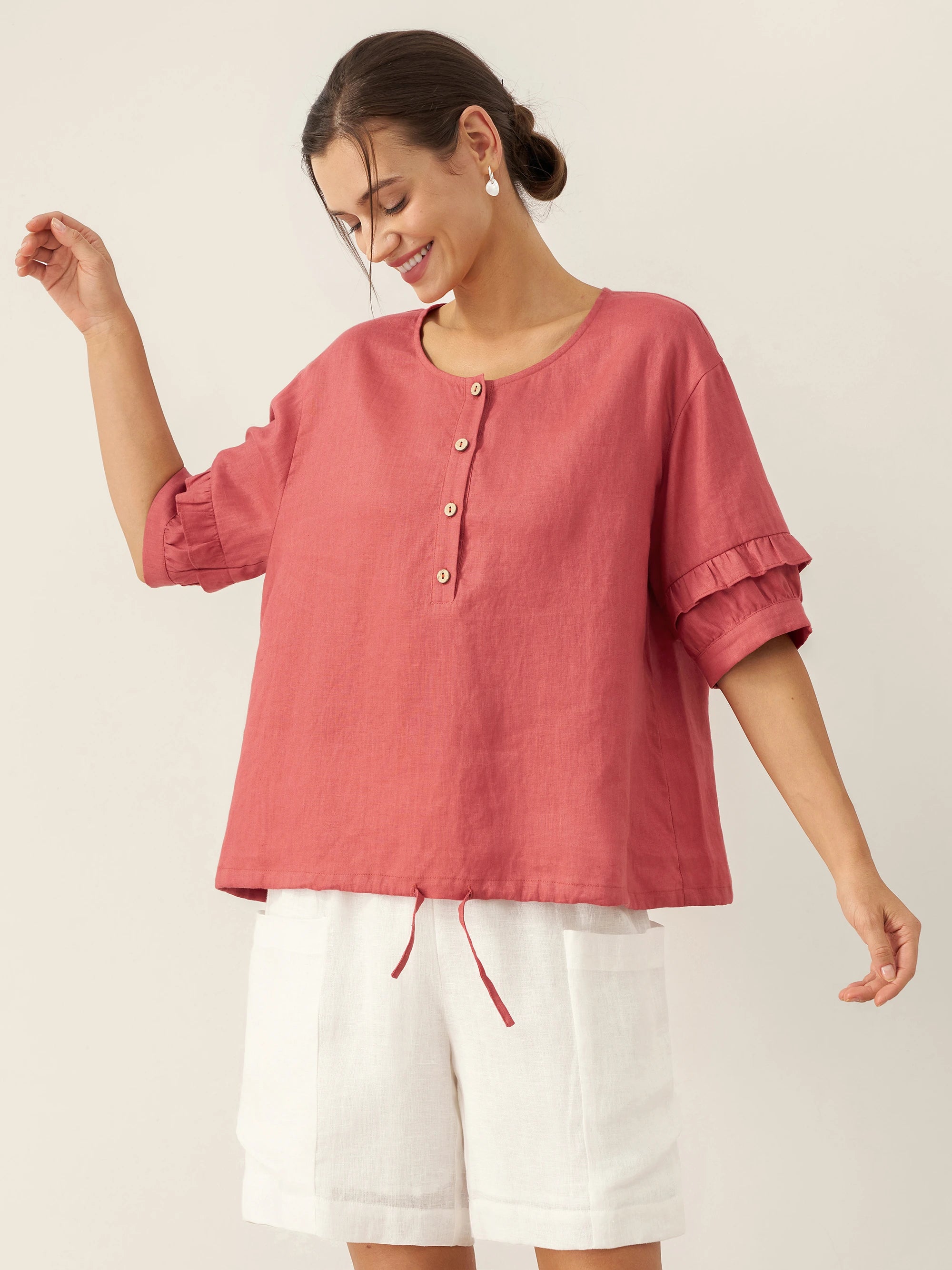 100% Linen Flutter Sleeve Drawstring Top
