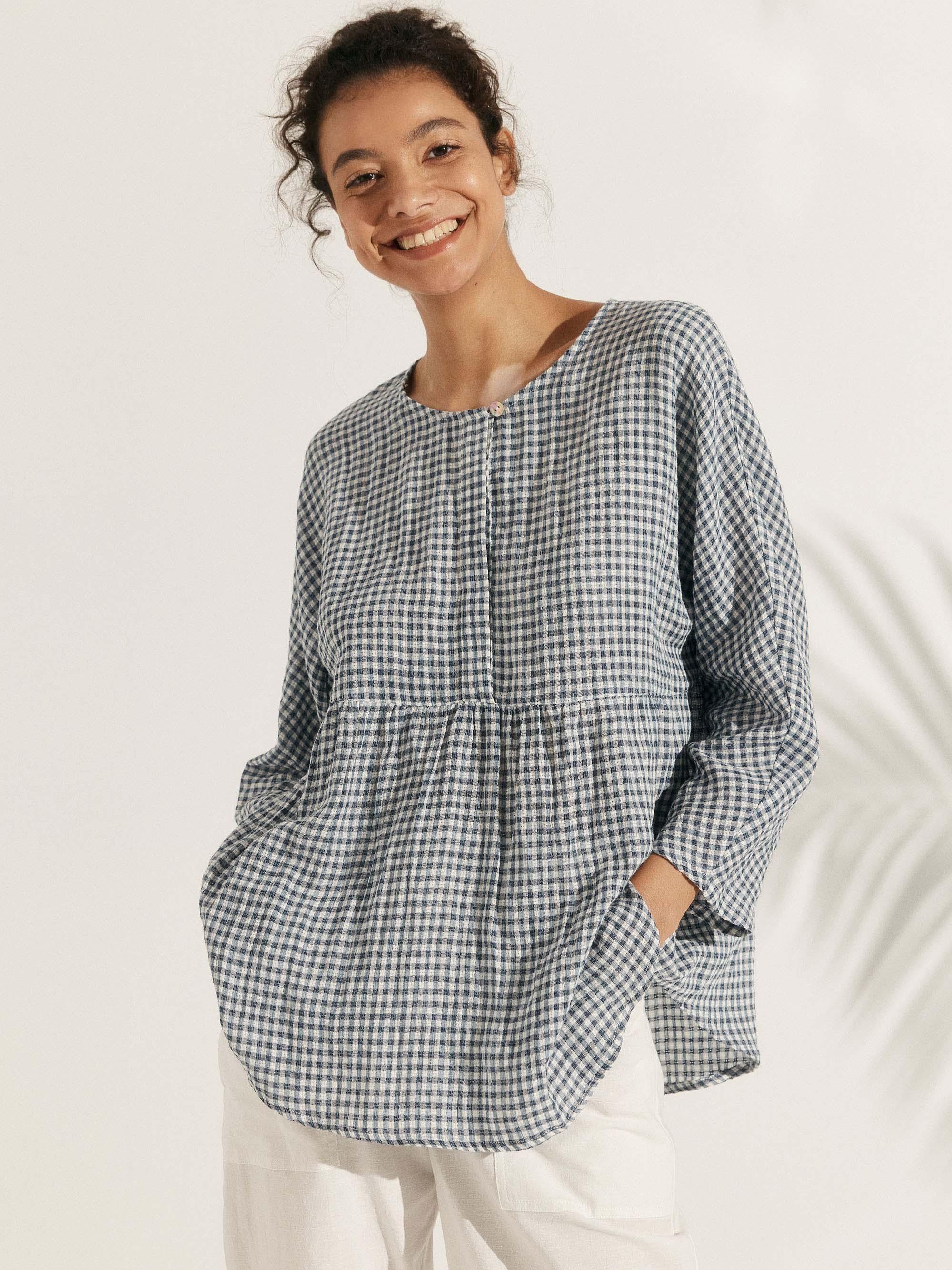 Linen Checked Long-Sleeved Top CAROLINE