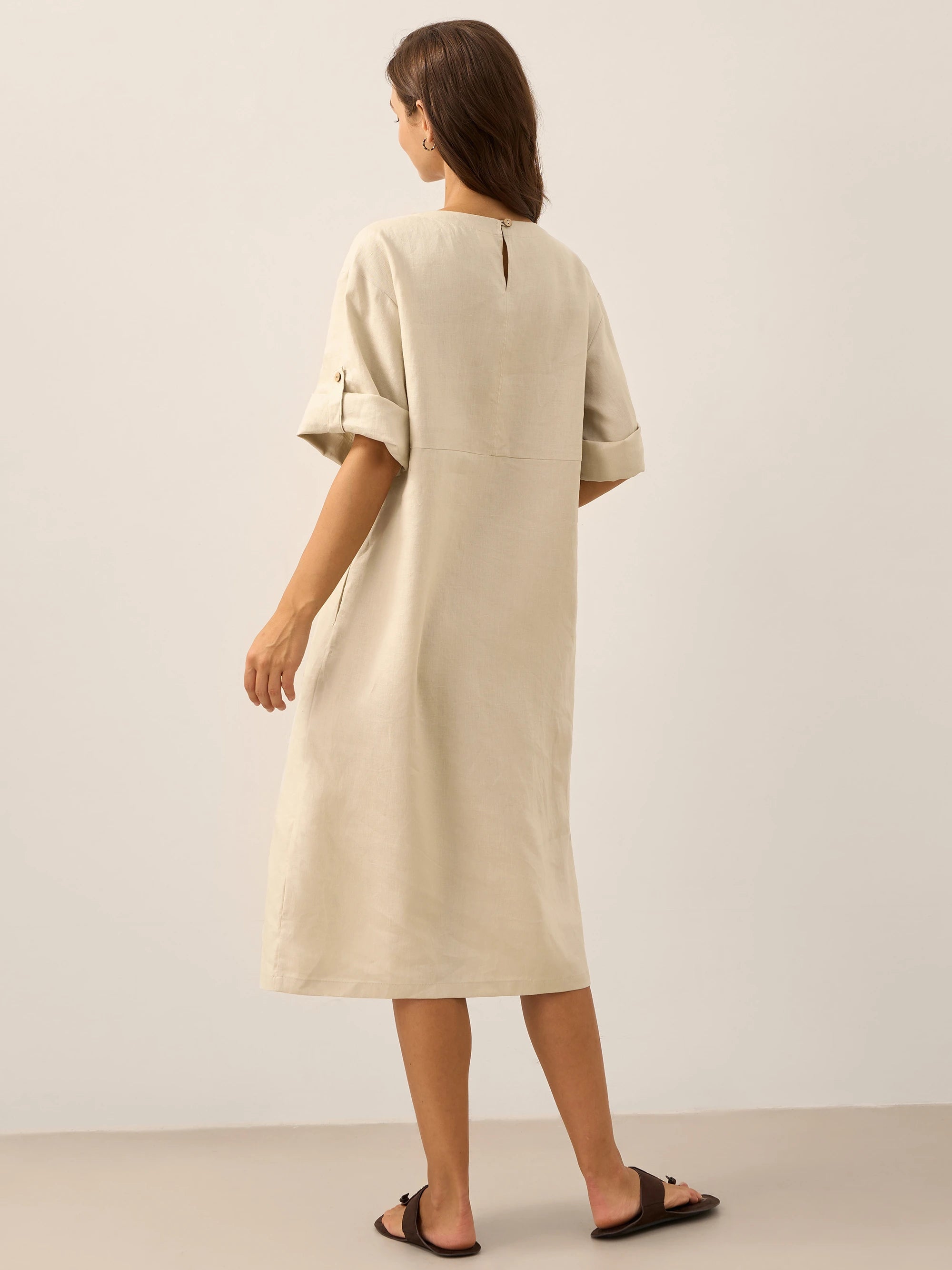 100% Linen Round Neck Button Detail Midi Dress JELENA