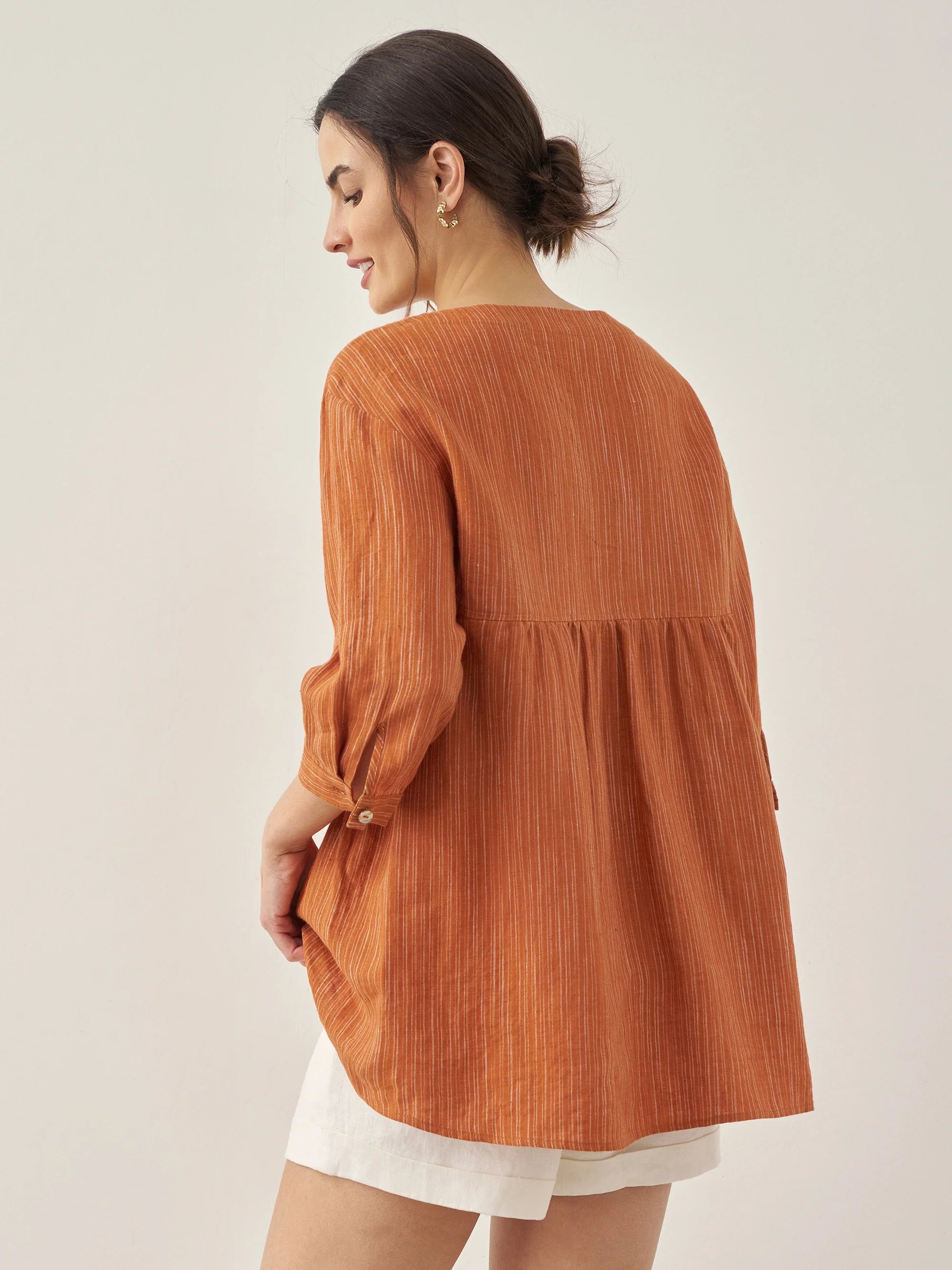 100% Linen Round Neck Artistic Stripe Top FLORENCE