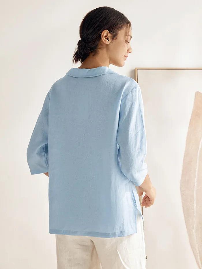 100% Linen Shawl V-Neck Half Sleeve Top JADE