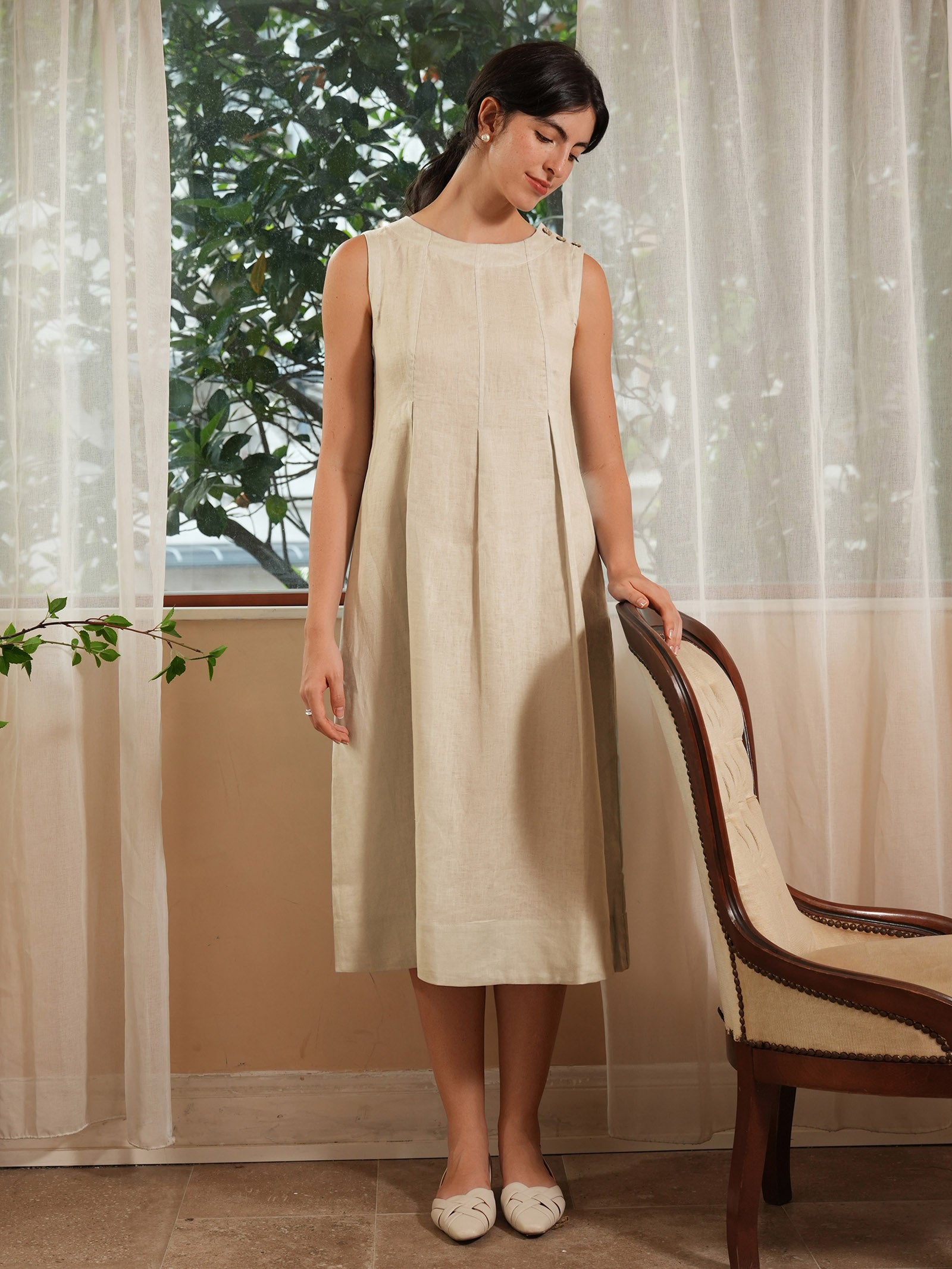 100% Linen Sleeveless Shoulder Button Midi Dress FREYA