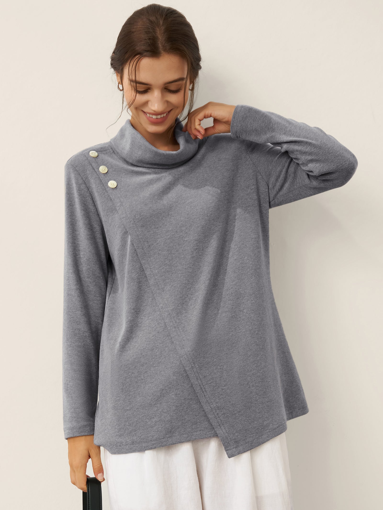 Mock Neck Buttoned Stretch Top