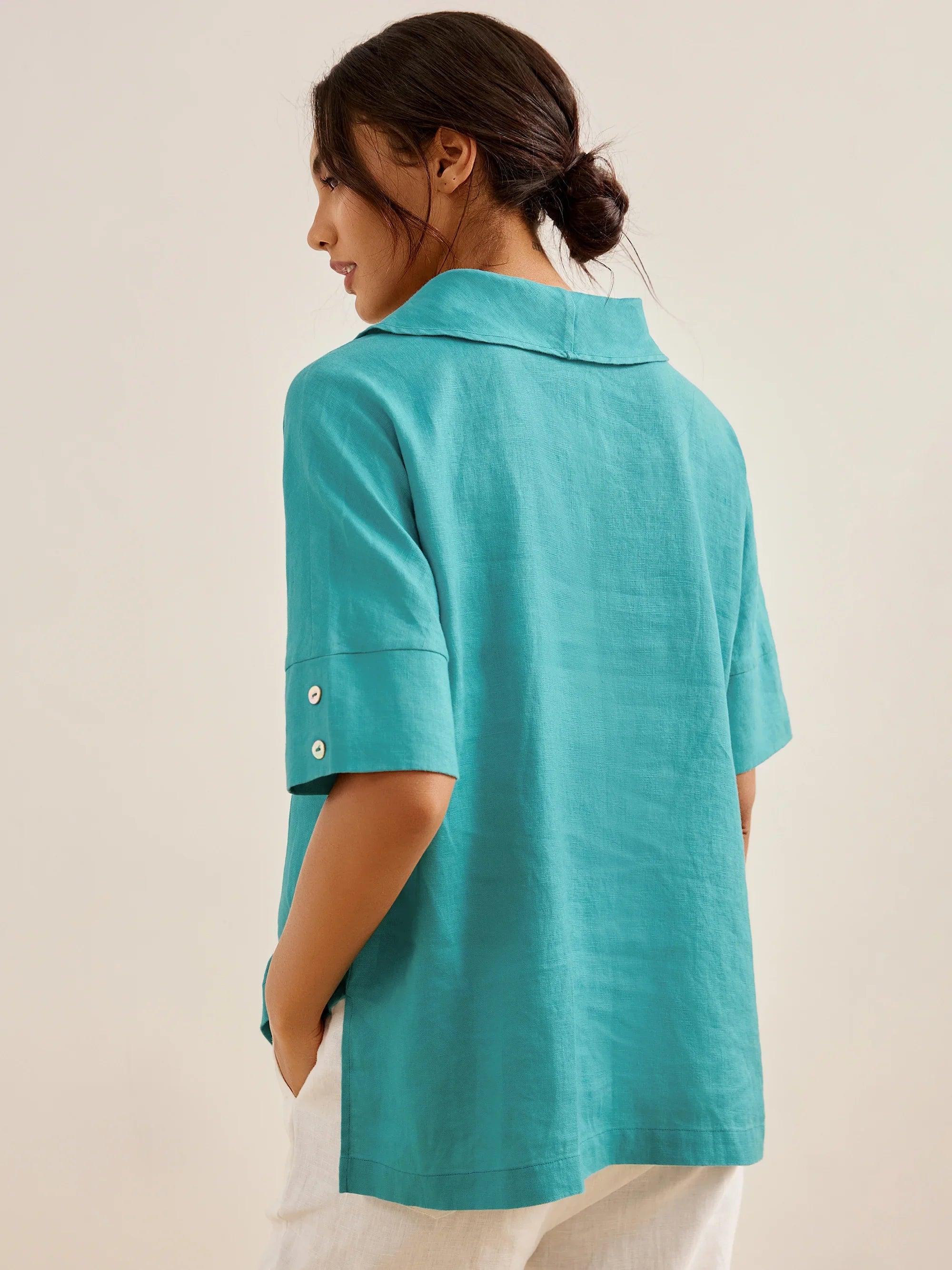 100% Linen V-Neck Short Sleeve Shirt