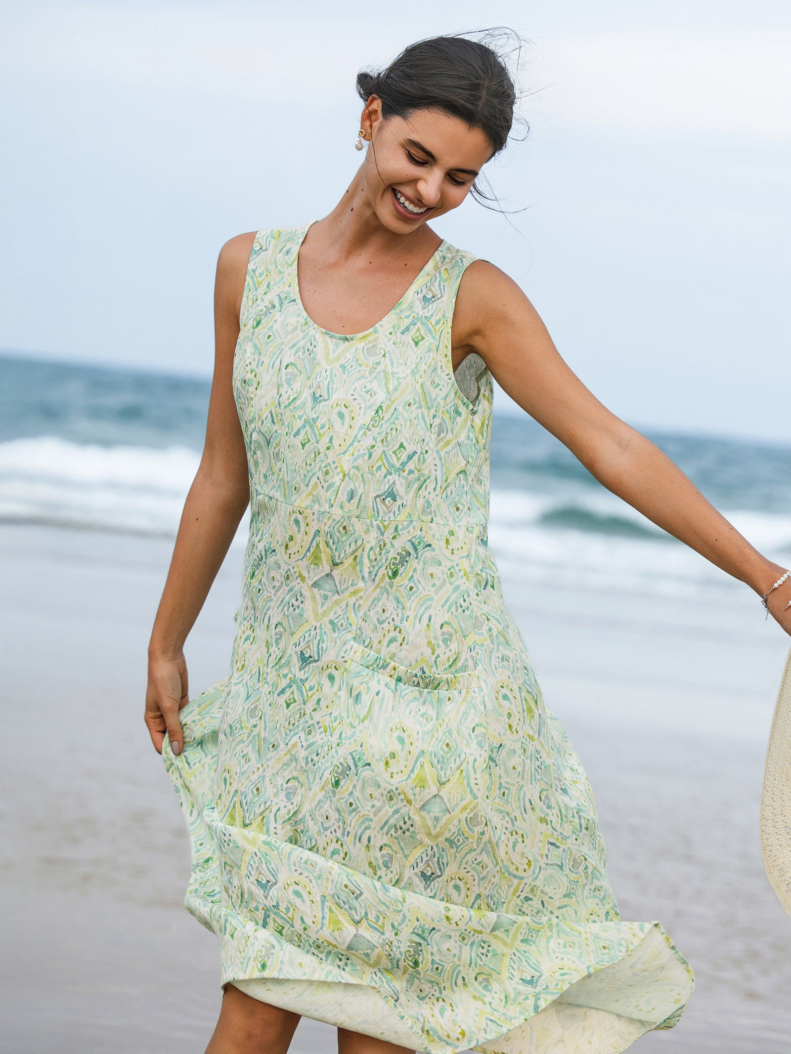 100% Linen Floral Swing Beach Tank Dress LORRAINE