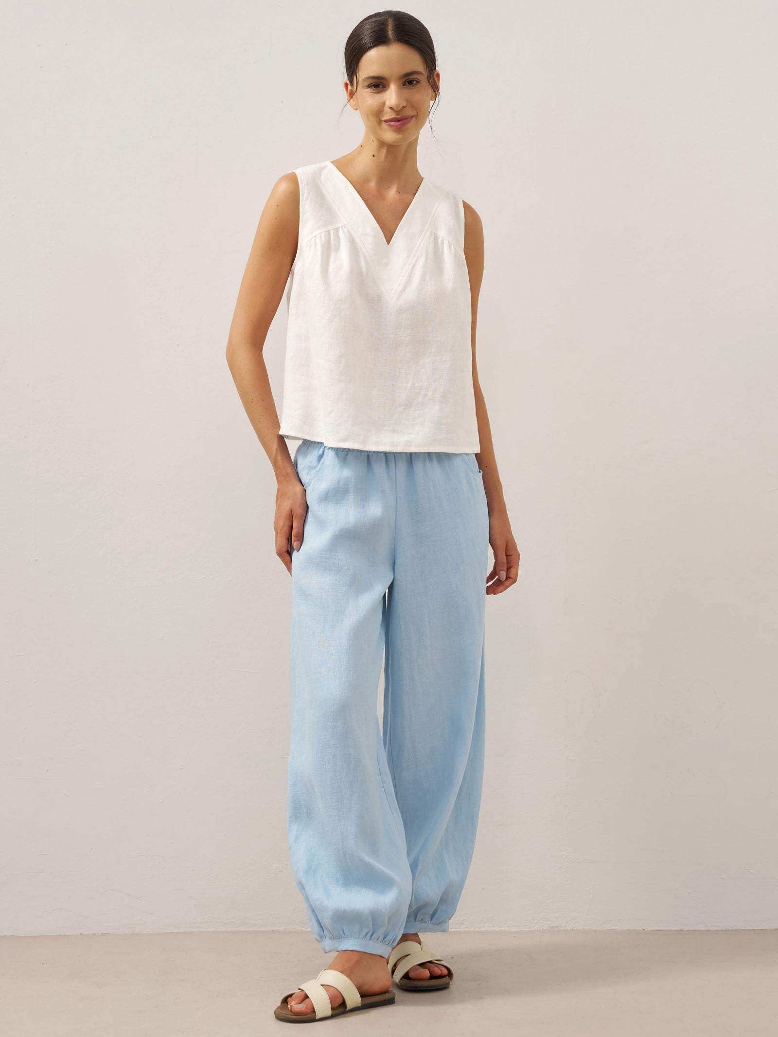 100% Linen Broad Elastic Waistband Pants TALIA