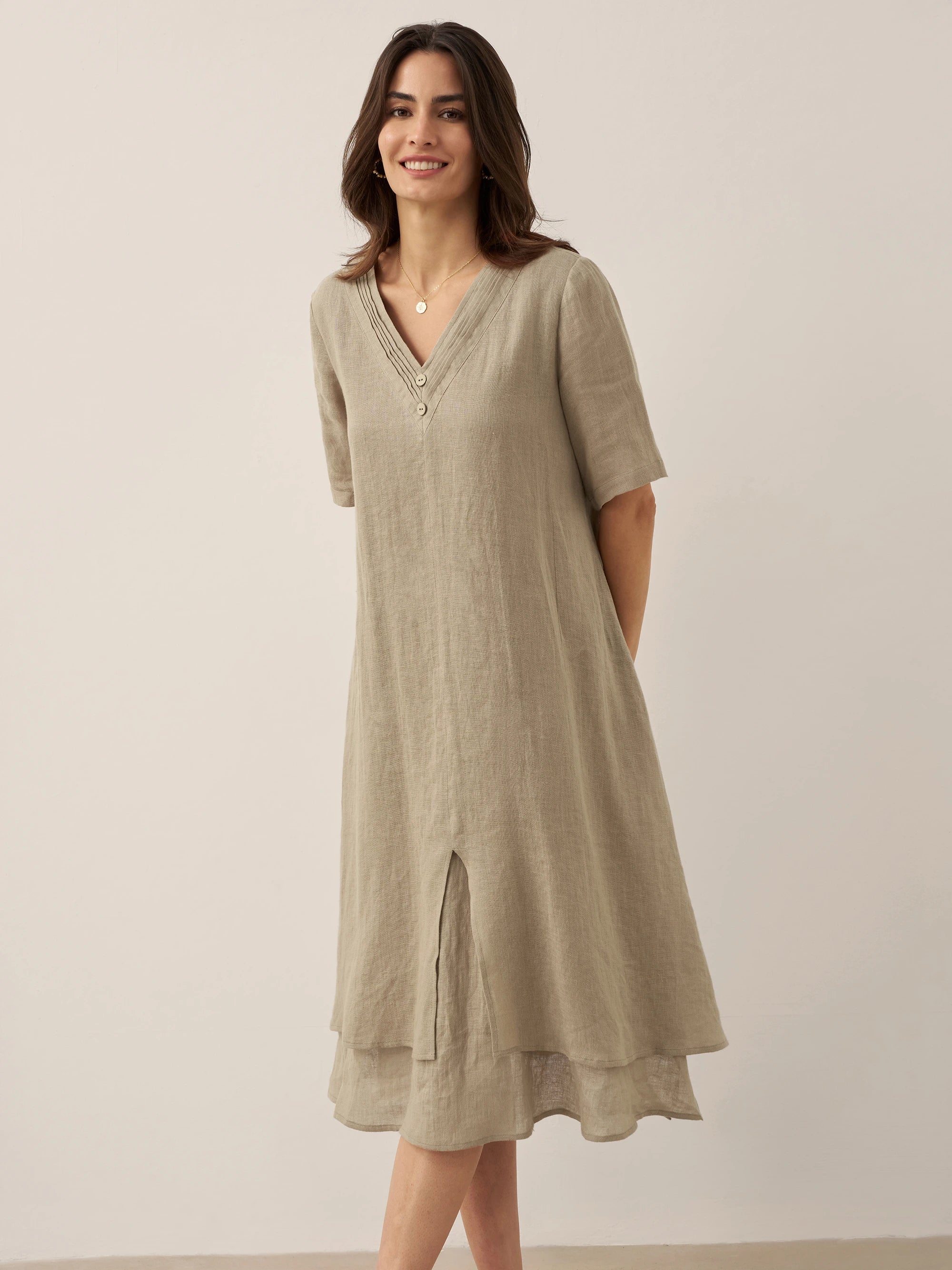 100% Linen V-Neck Double-Layer Midi Dress JAYDA