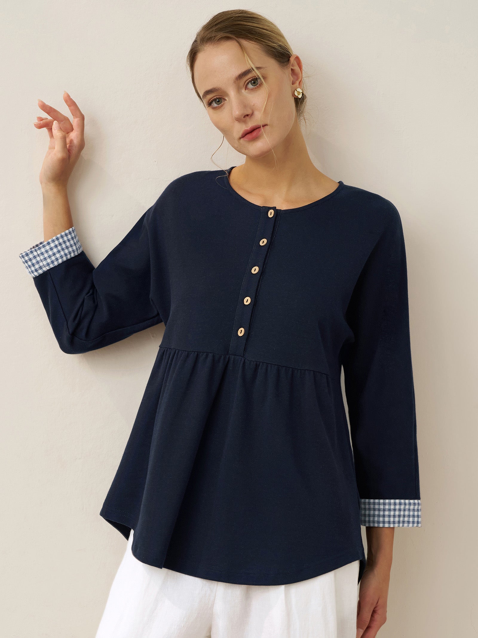 Cotton Patchwork Cuff Button Decor Top