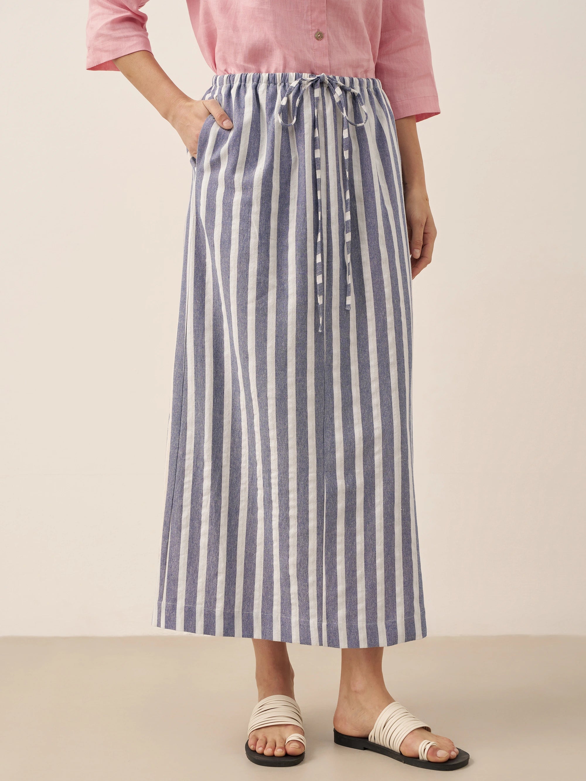Linen Striped Drawstring Skirt ELISE