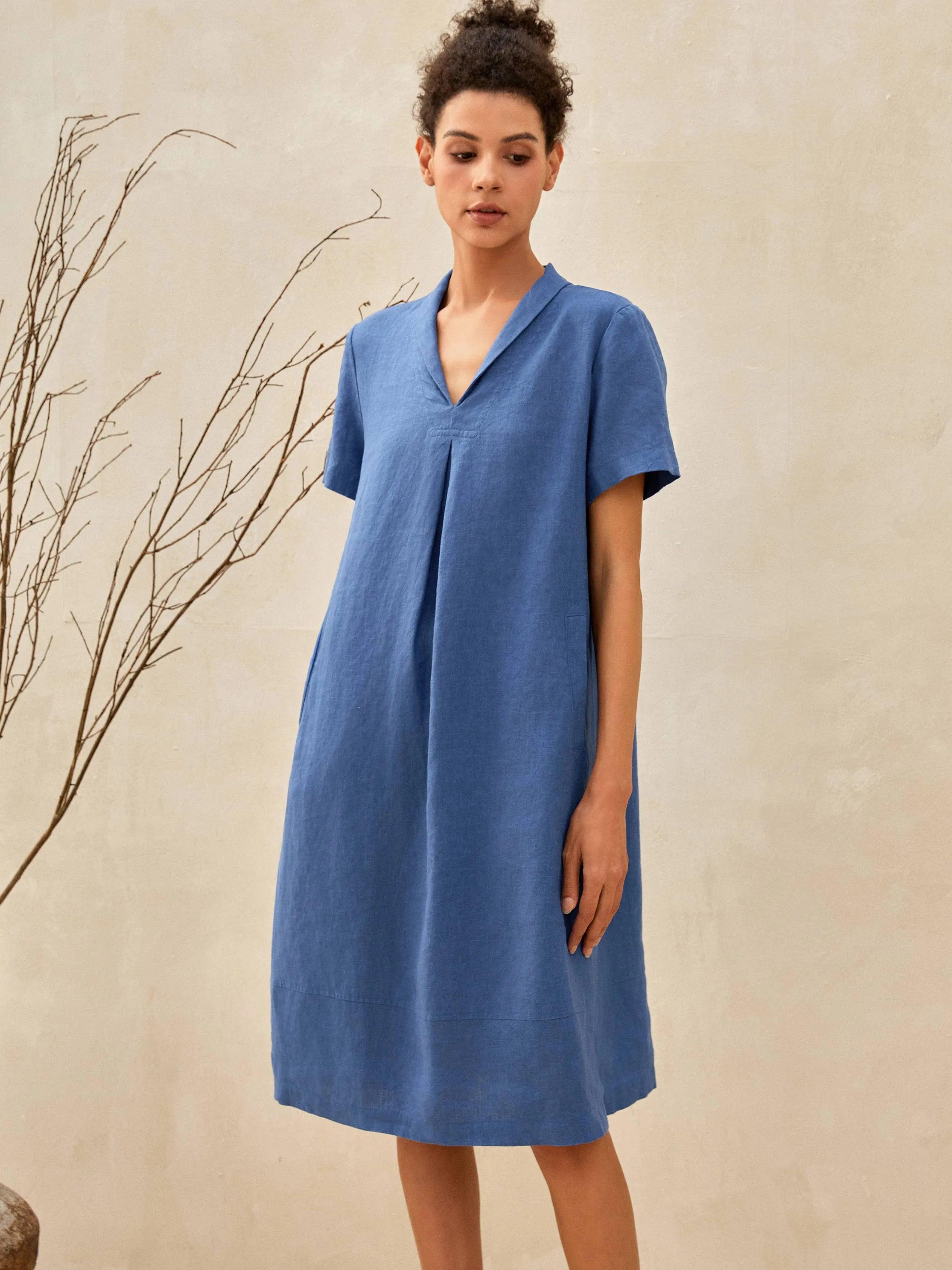 100% Linen Shawl V-Neck Midi Dress CLEO
