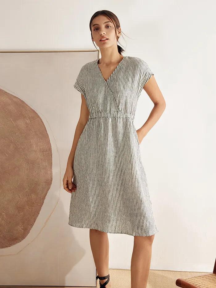 100% Linen Striped Elastic-Waist Midi Dress ARIA