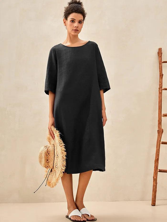 100% Linen Collarless Mid-Length Dress