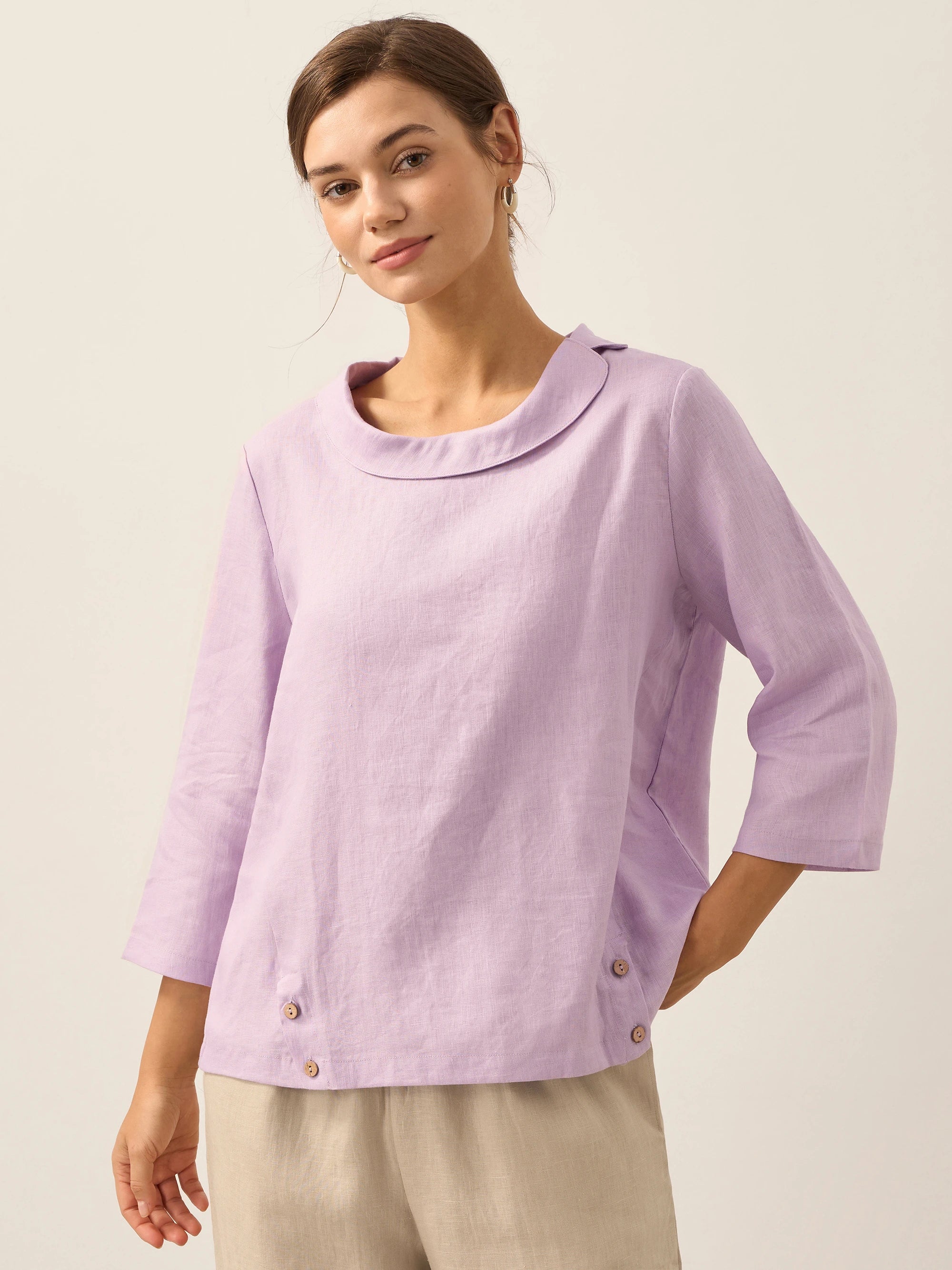 Linen Gingham Checked Round Soft-Fold Collar Top LAURA