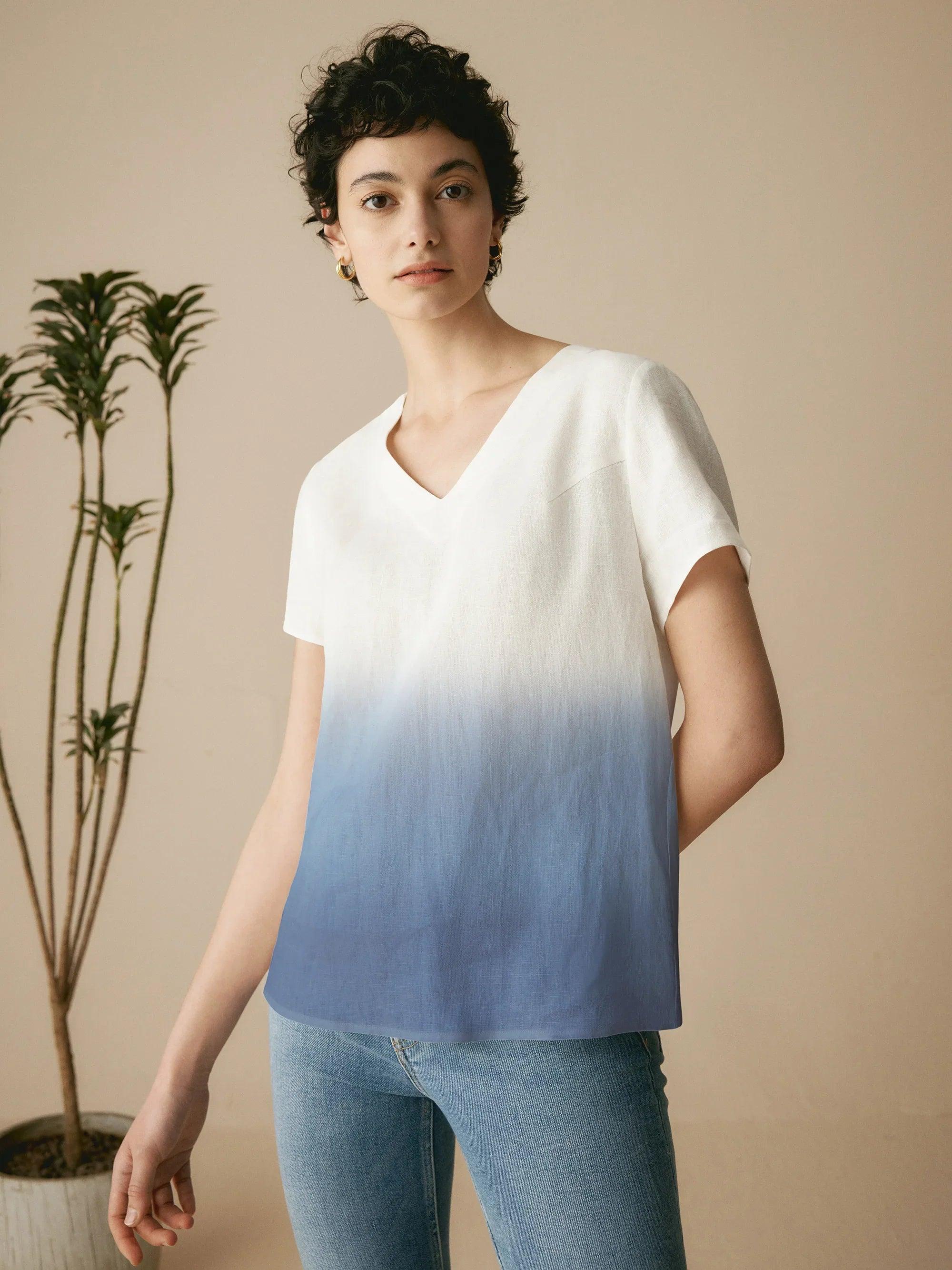 100% Linen Easy Popover V-Neck Boxy Top DAWN