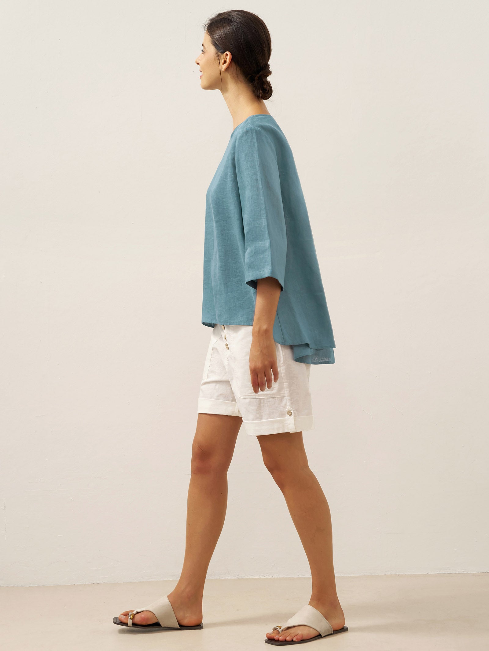 100% Linen Round Neck Asymmetrical Hem Top BRIANNA