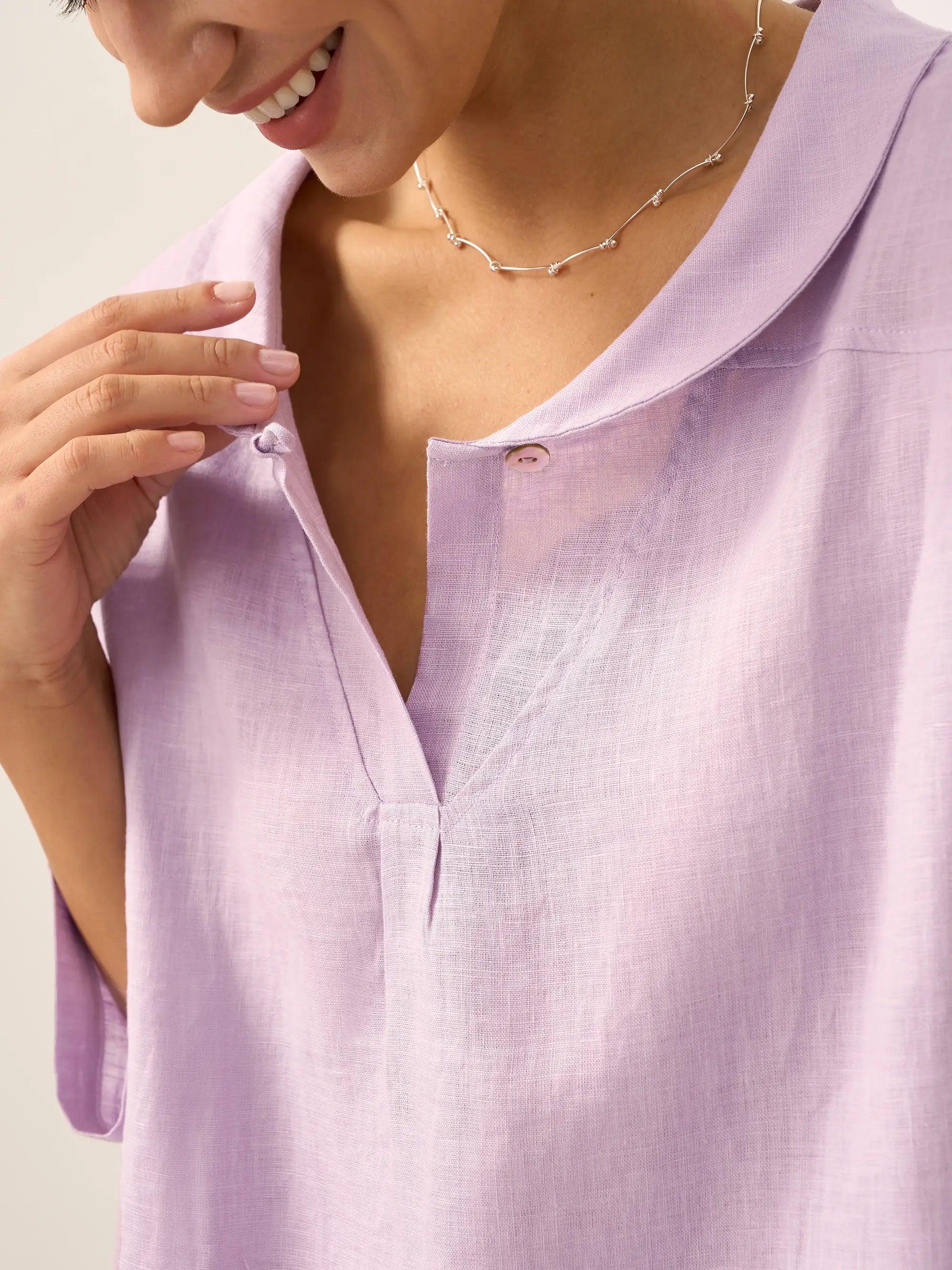 100% Linen Shawl V-Neck Half Sleeve Top JADE