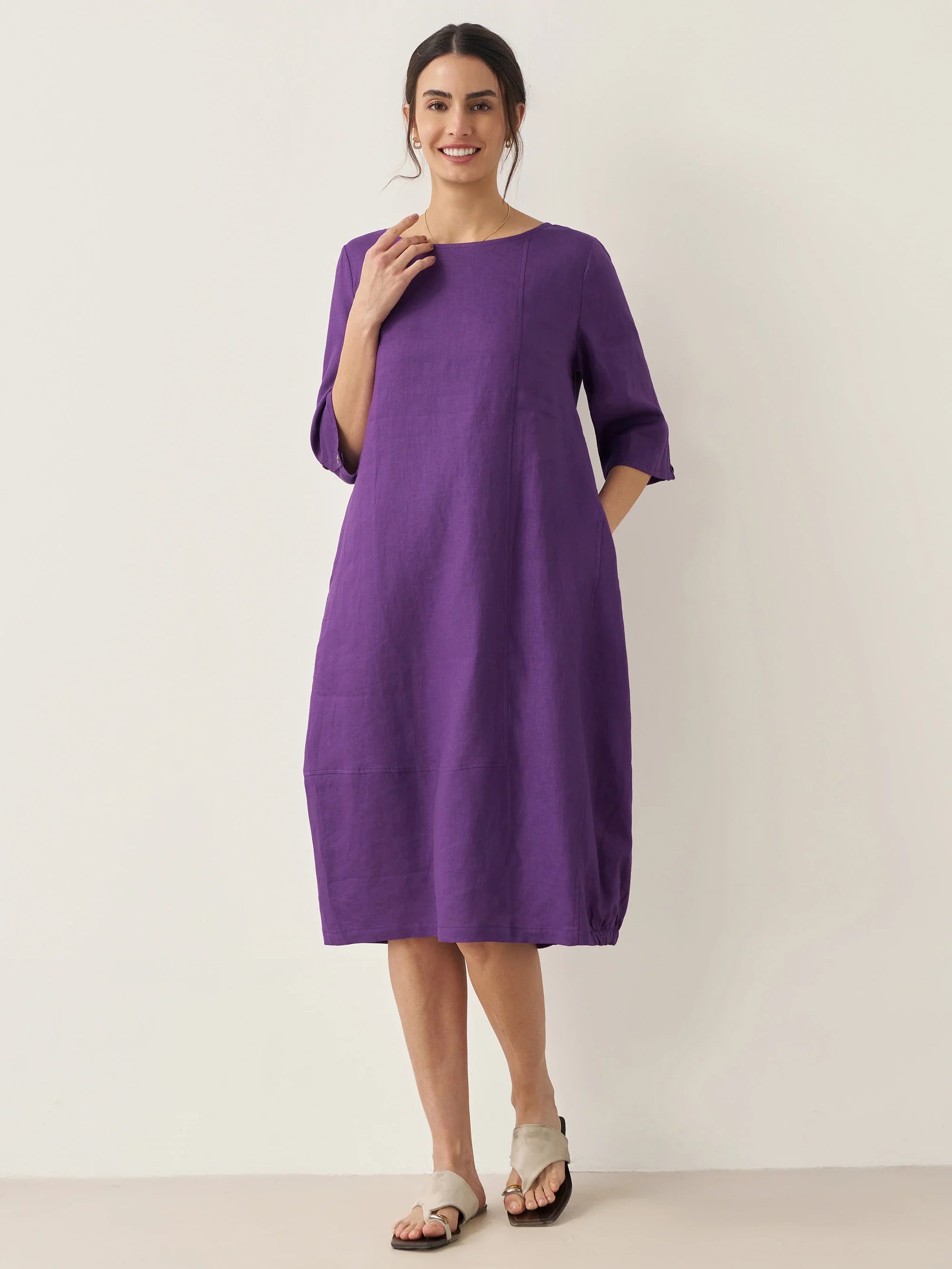 100% Linen Collarless Mid-Length Dress
