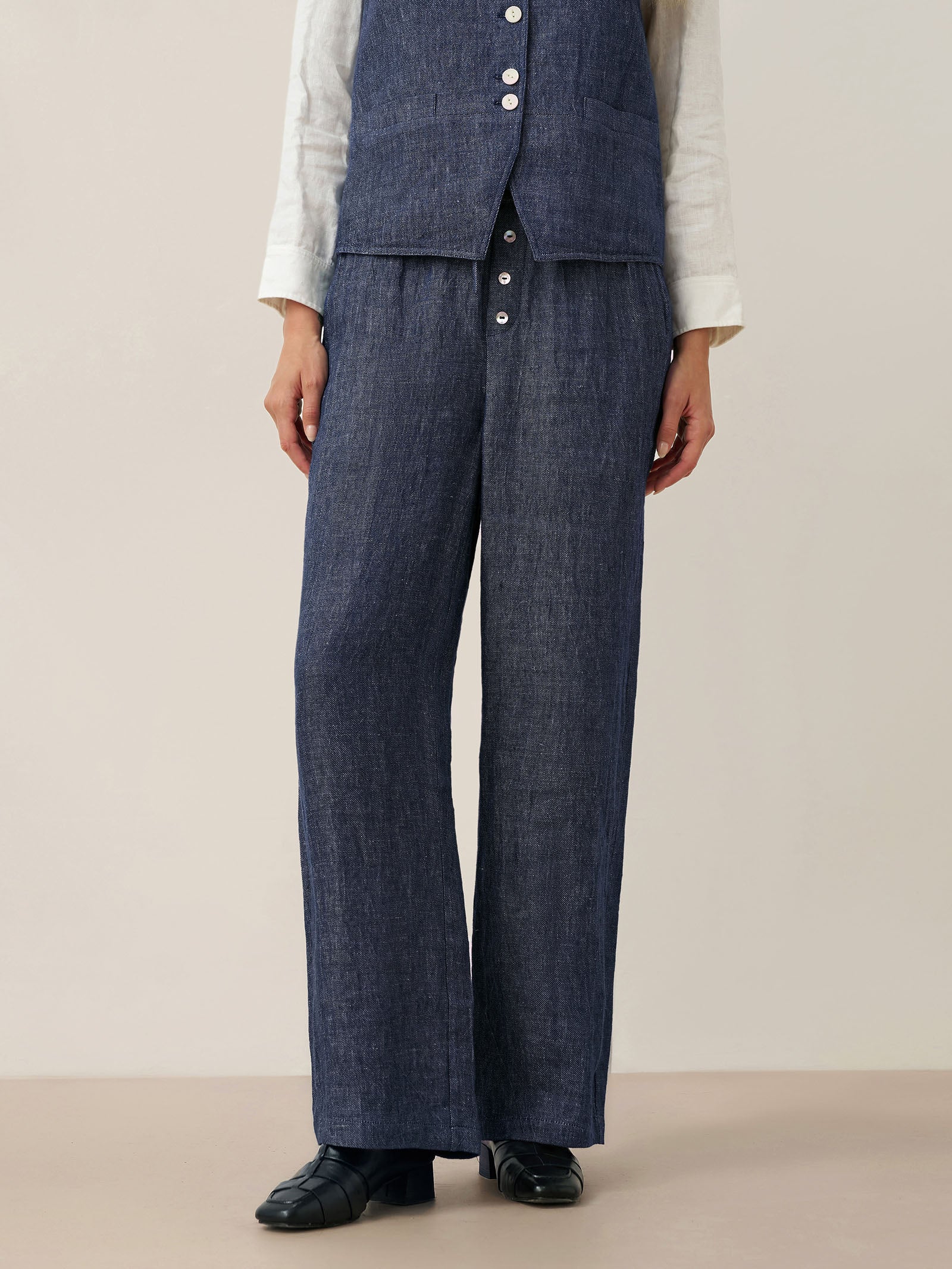 100% Linen Denim Texture Elastic Waist Straight Leg Pants HAZEL