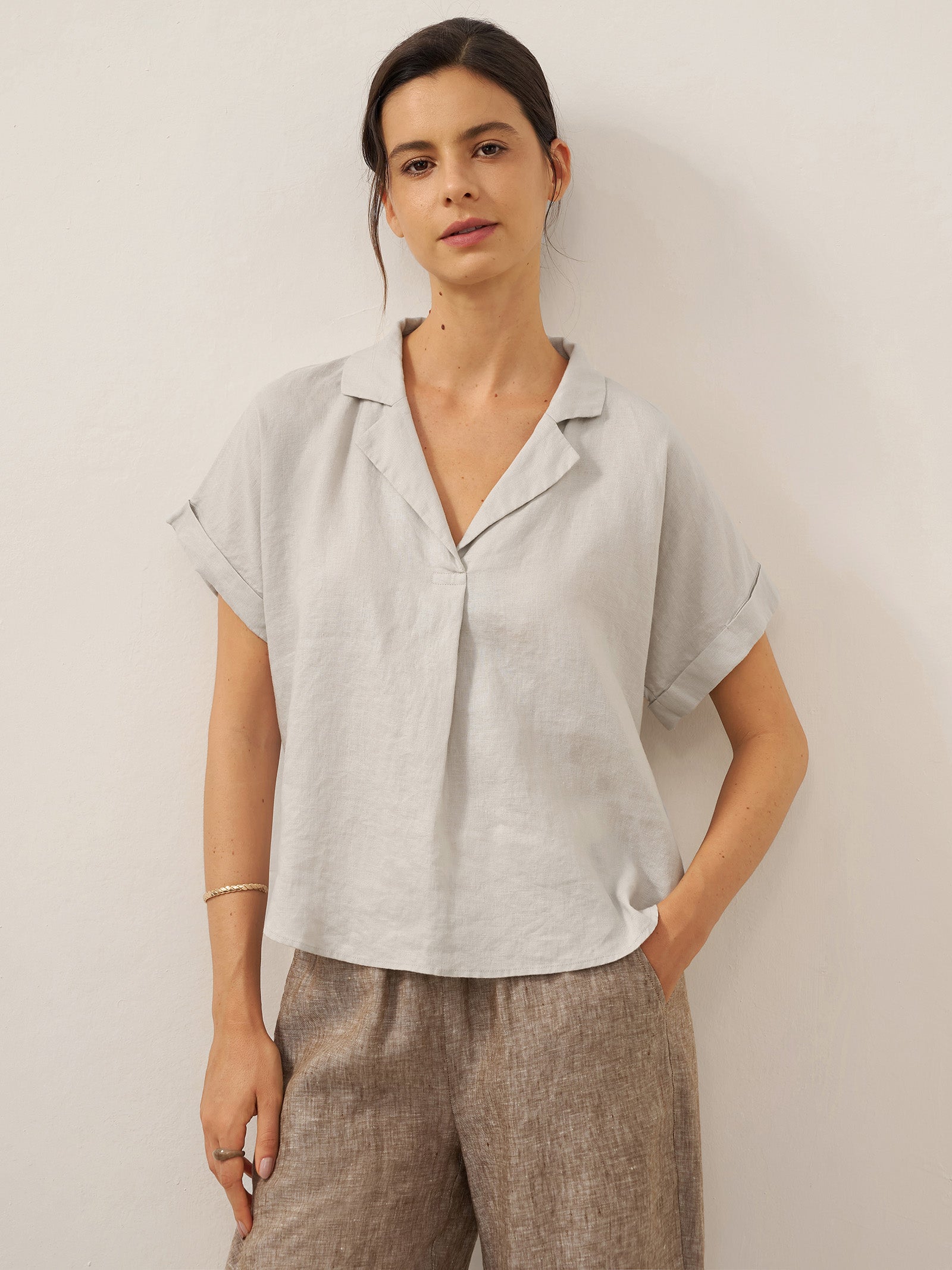 100% Linen Blazer-Inspired Pullover Top DINA