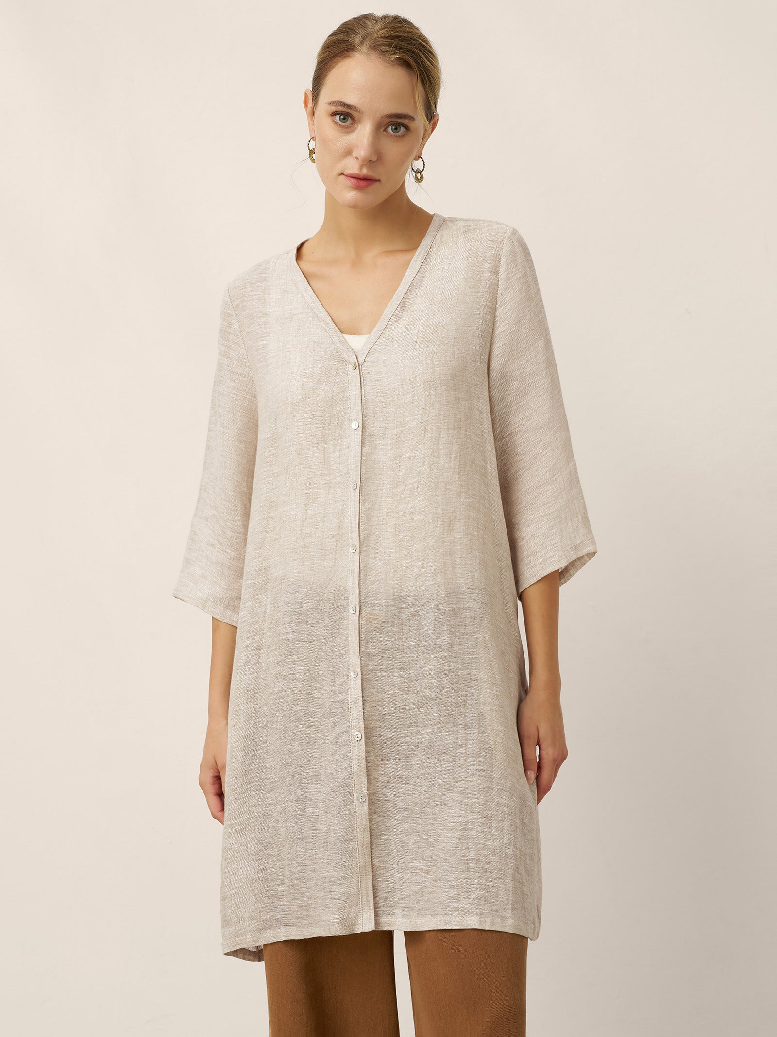 100% Linen Button Front Three-Quarter Sleeve Top