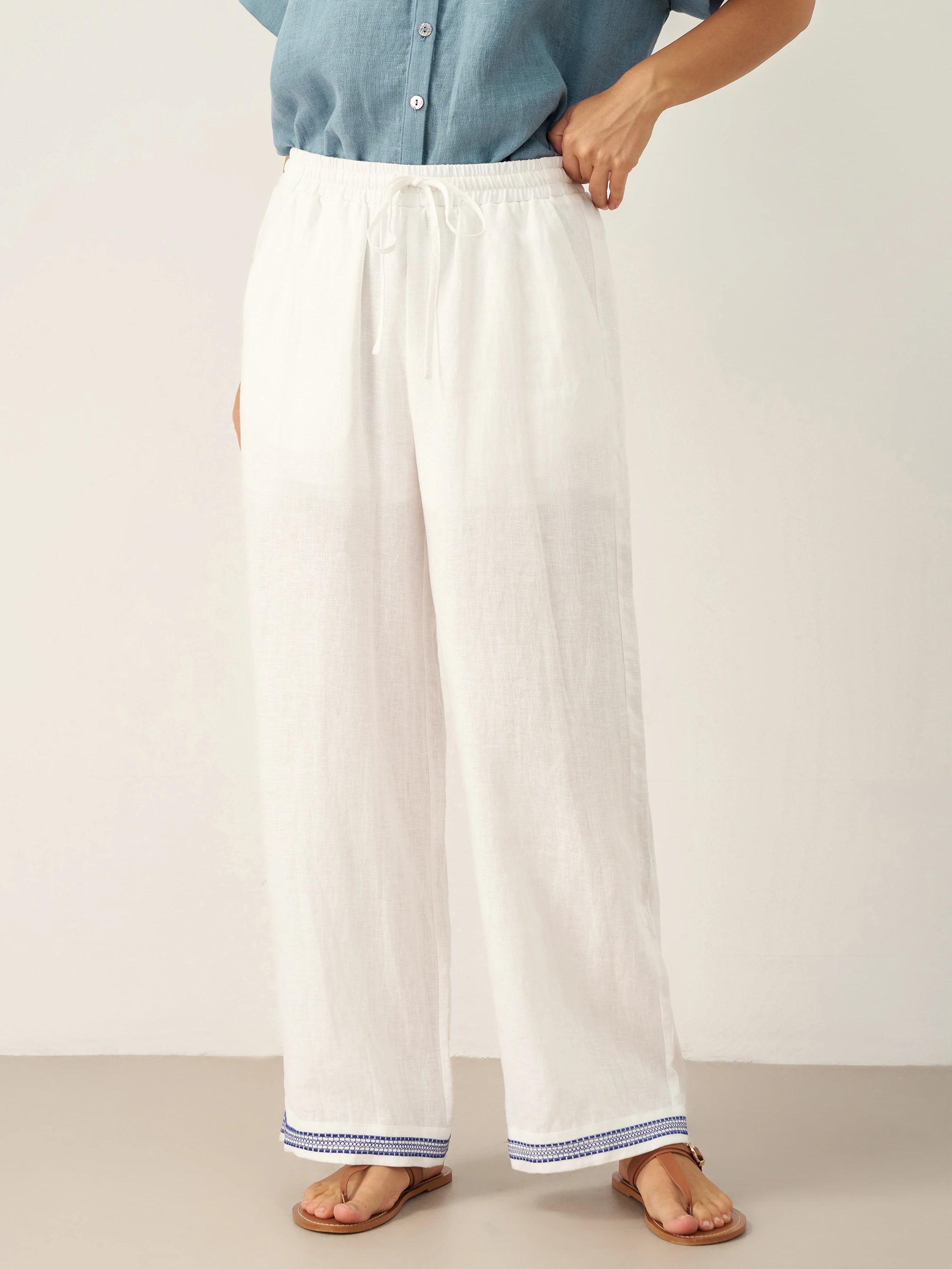 100% Linen Embroidered Elastic Waist Pants FENE