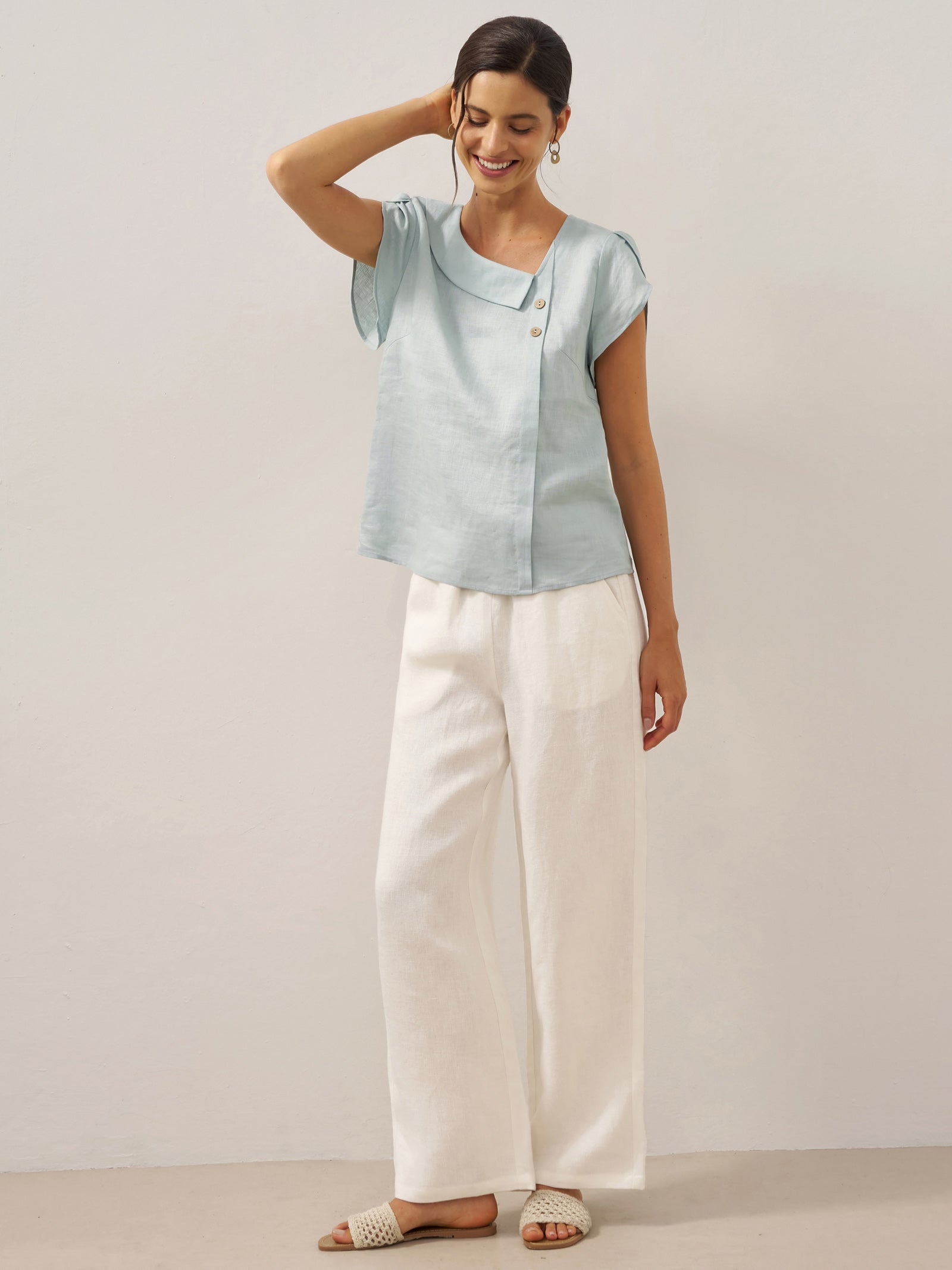 100% Linen Crescent Collar Flutter Sleeve Top FARA