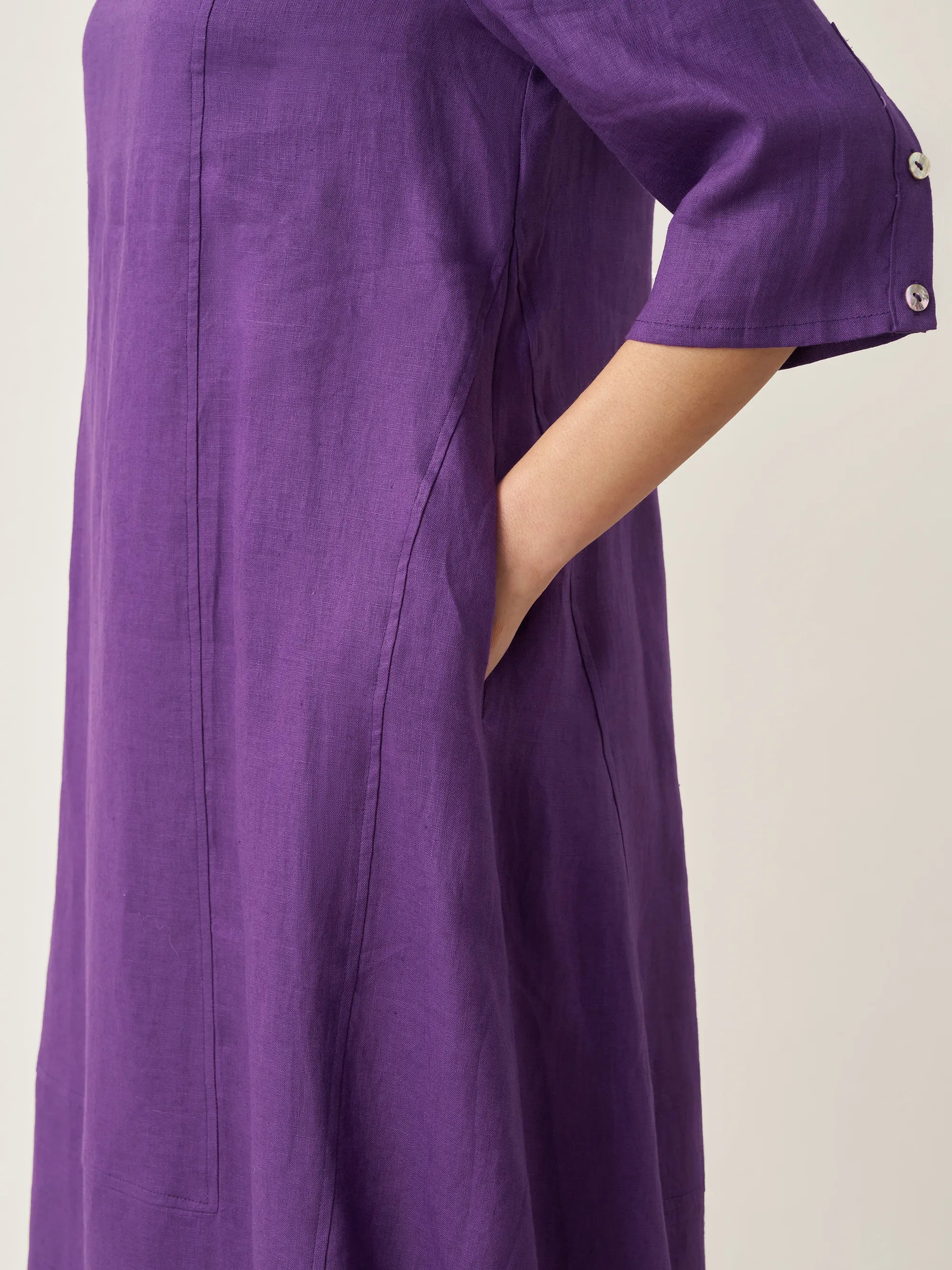 100% Linen Collarless Mid-Length Dress