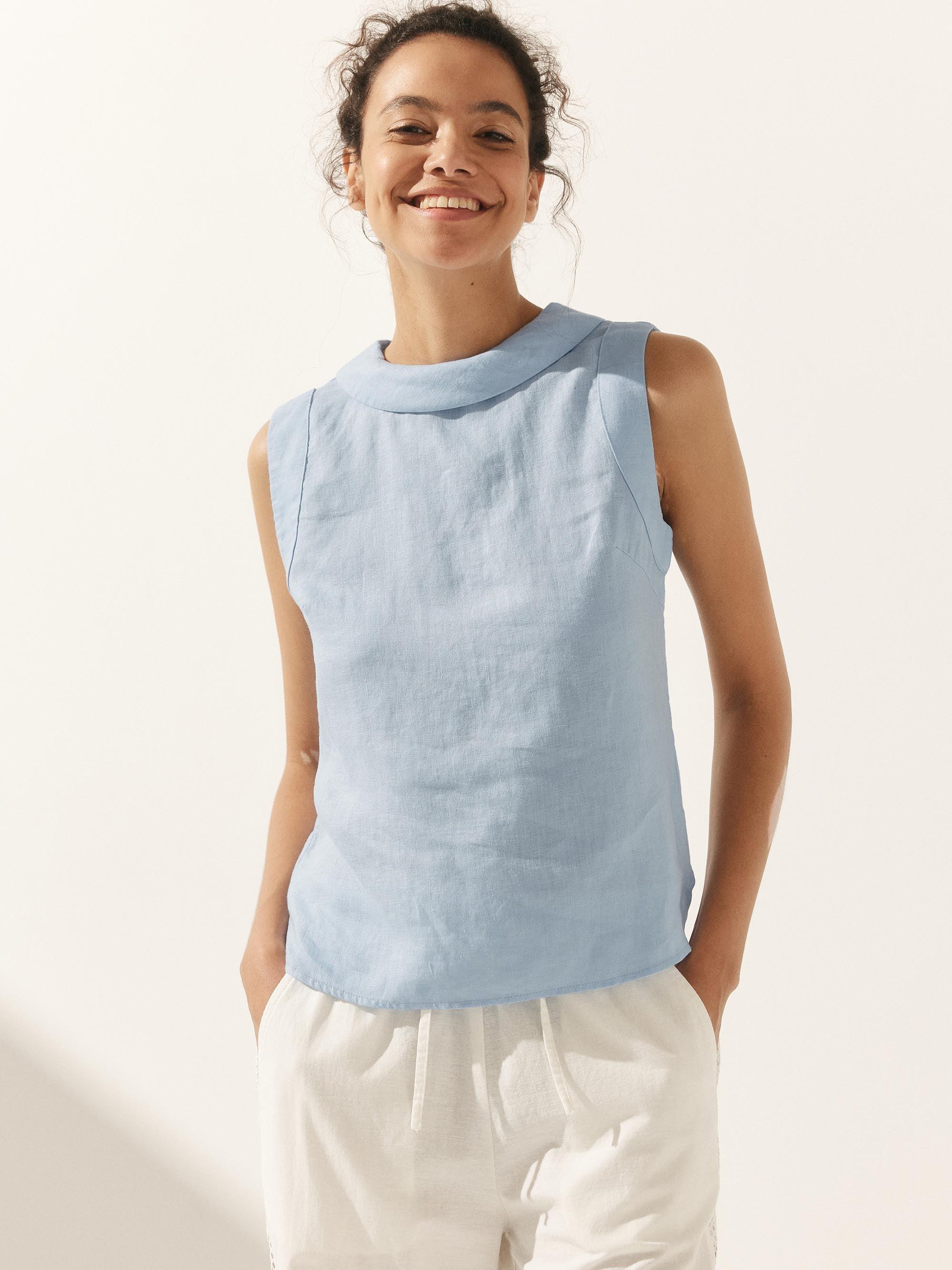 100% Linen Draped Collar Tank Top