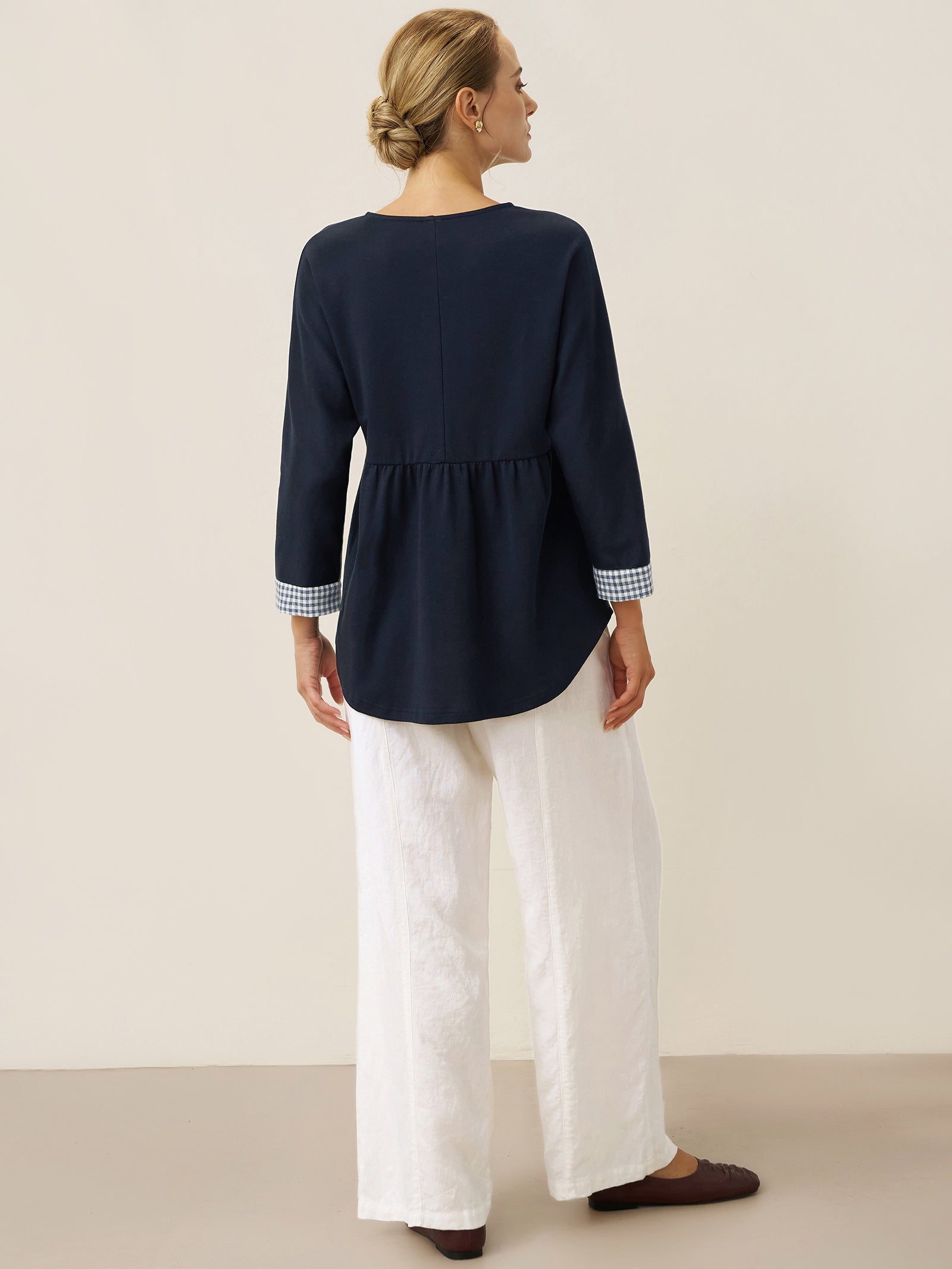 Cotton Patchwork Cuff Button Decor Top