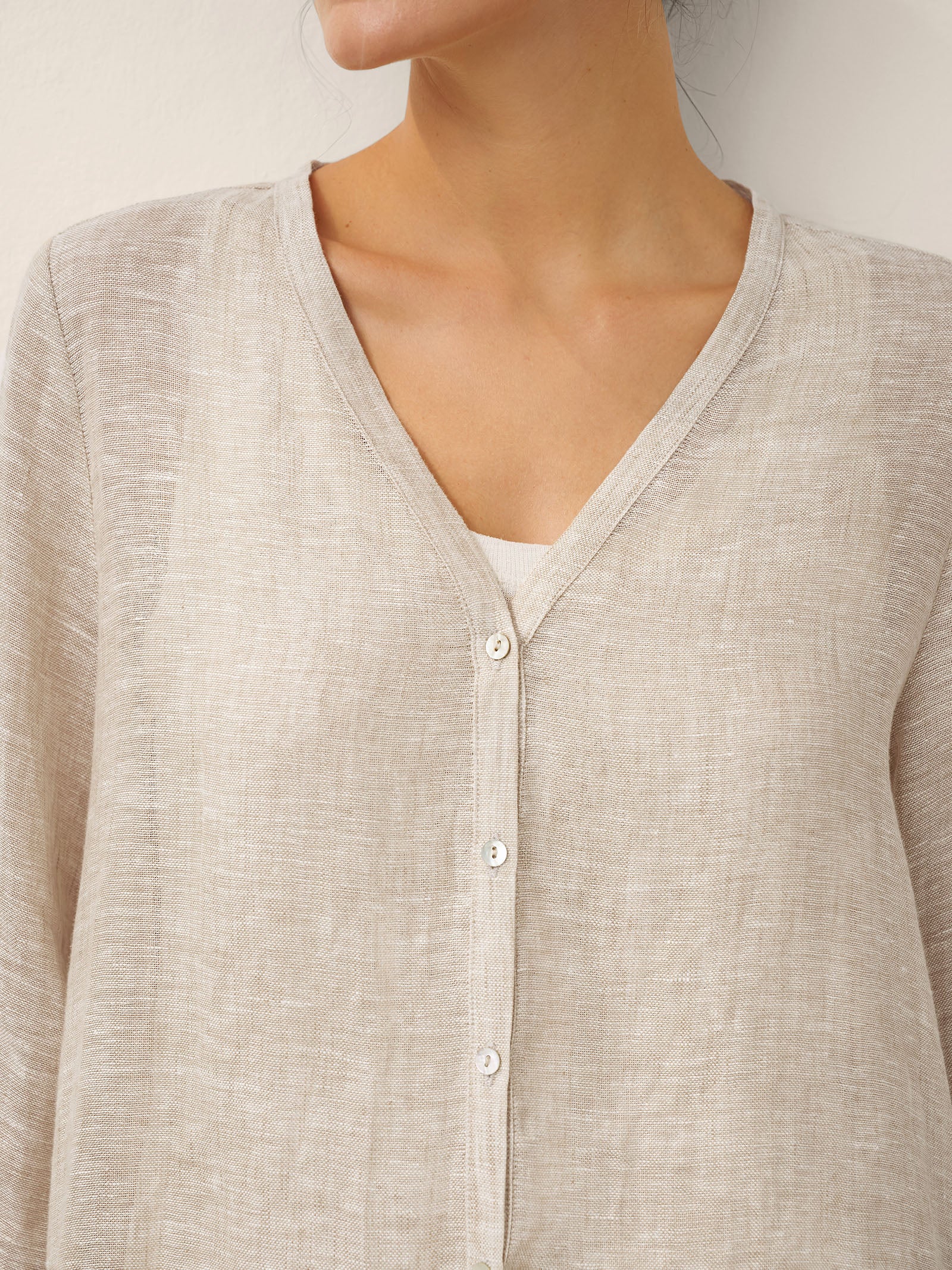 100% Linen Button Front Three-Quarter Sleeve Top