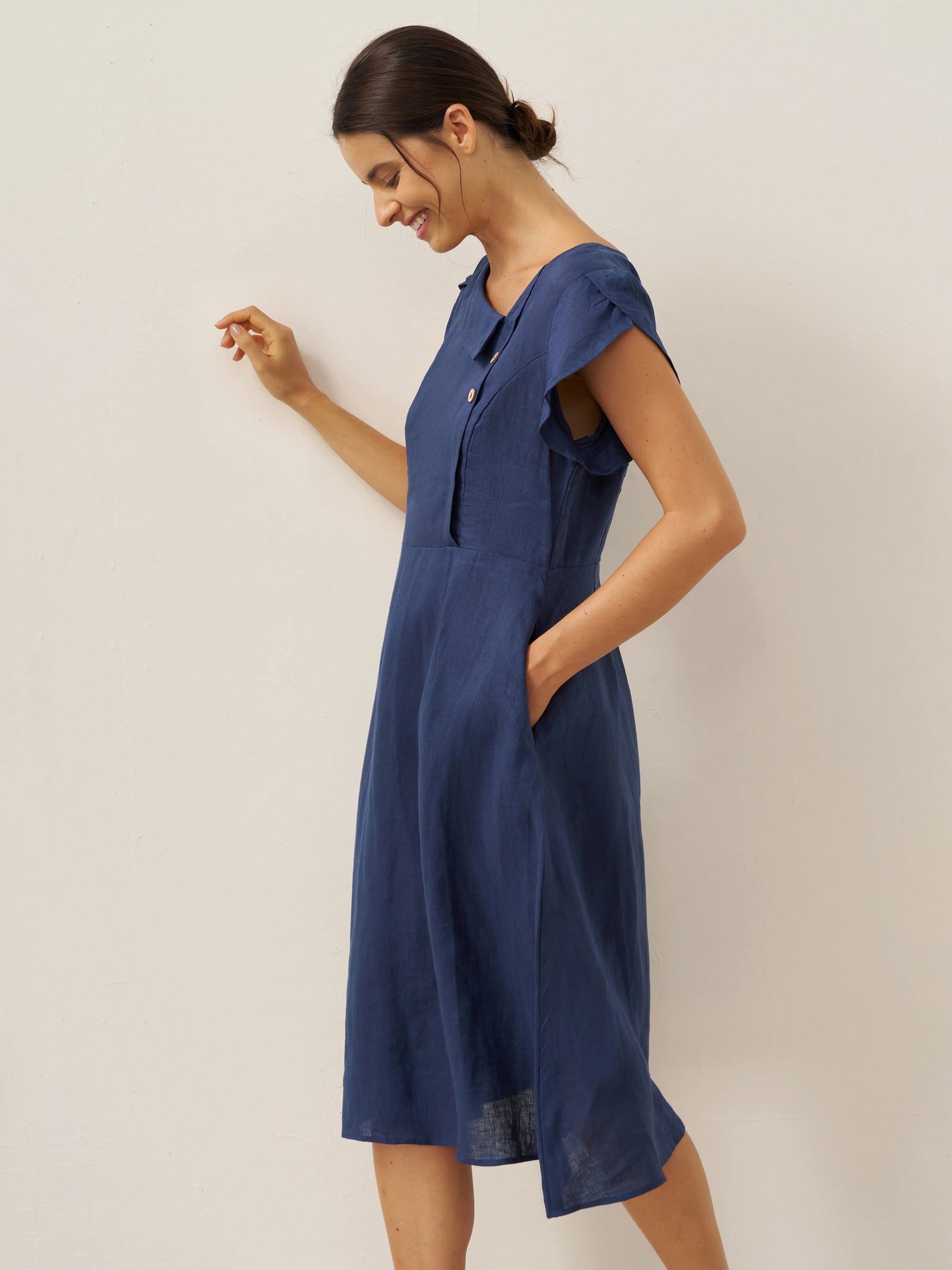 100% Linen Crescent Collar Flutter Sleeve Midi Dress FIONA