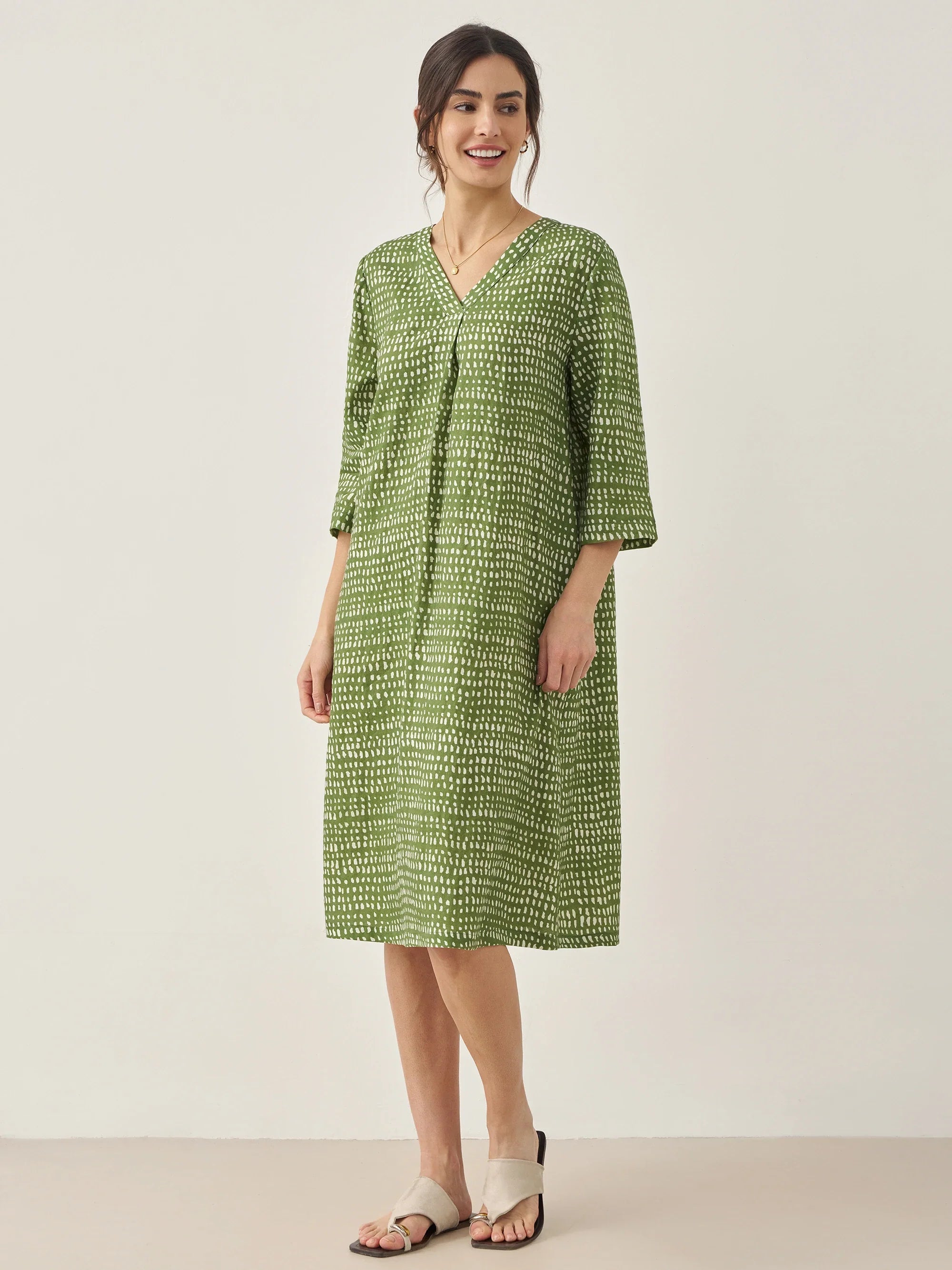 100% Linen V-Neck Dot Midi Dress LIRA