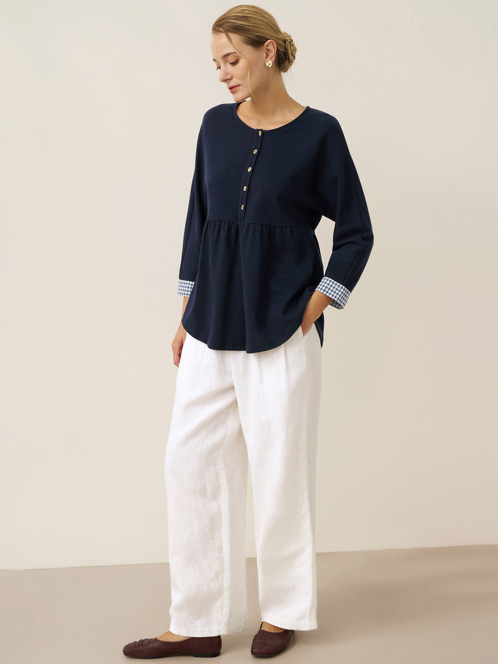 Cotton Patchwork Cuff Button Decor Top