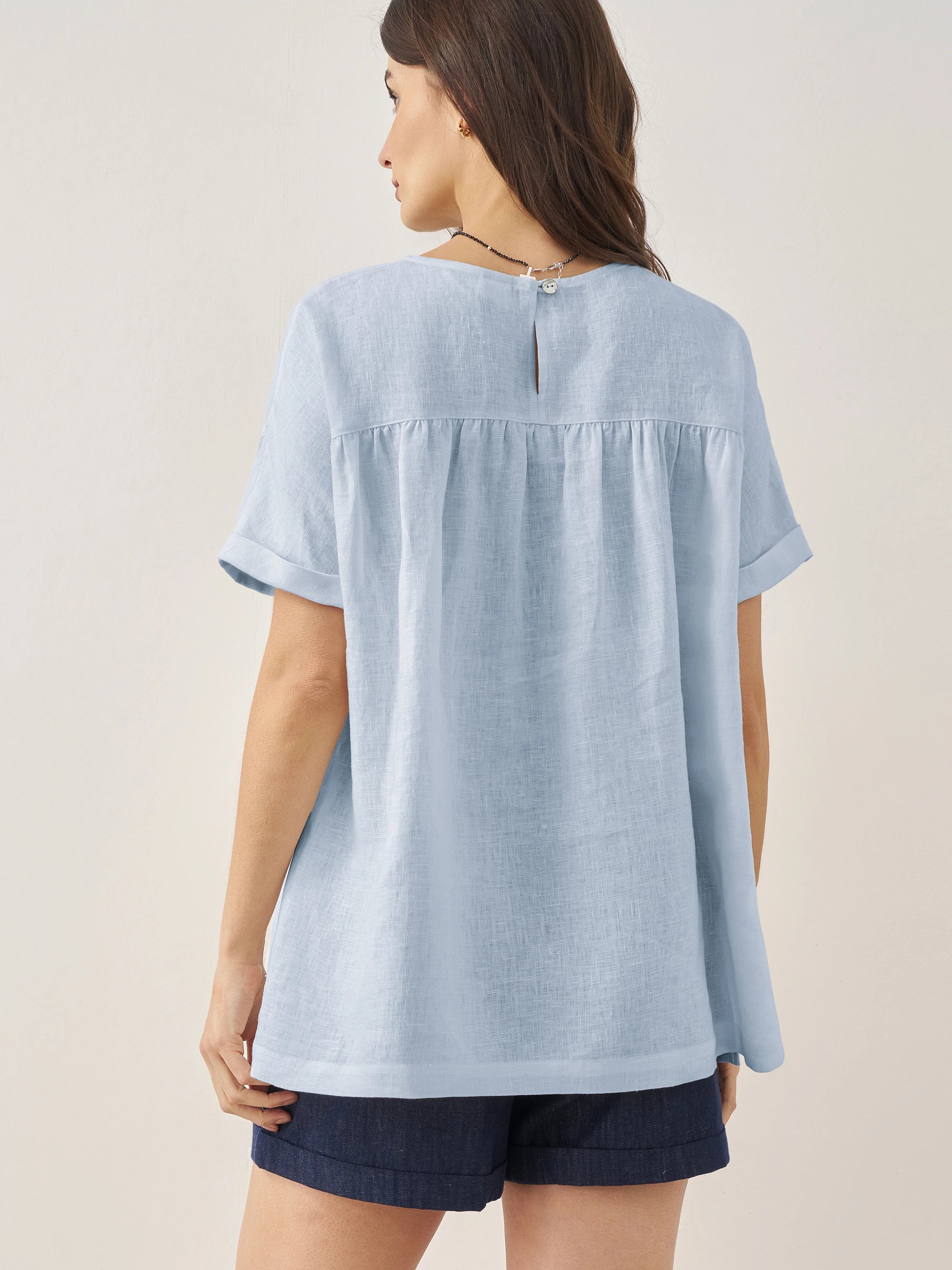 100% Linen Round Neck Pleated Pullover Top QUINLAN