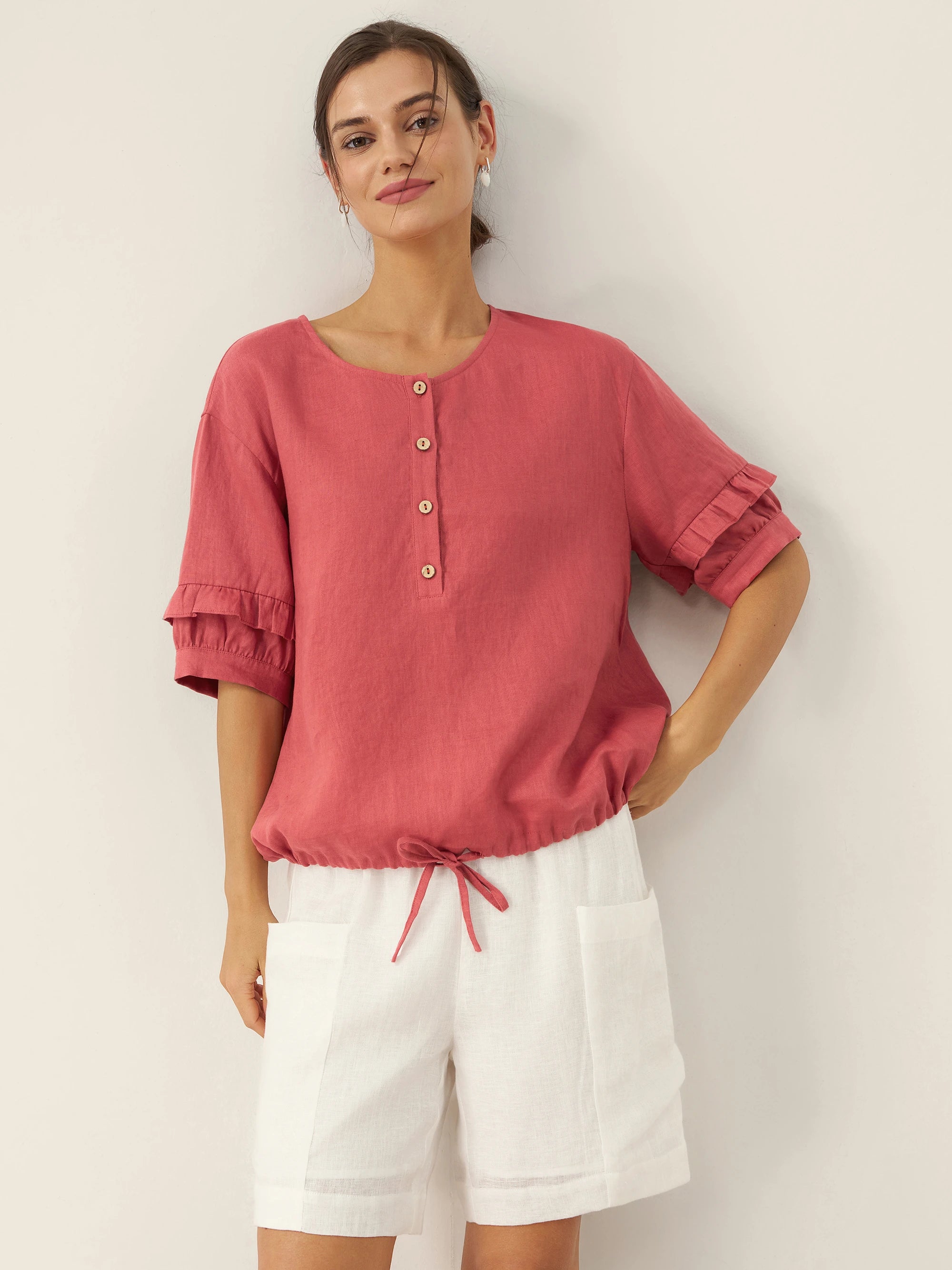 100% Linen Flutter Sleeve Drawstring Top